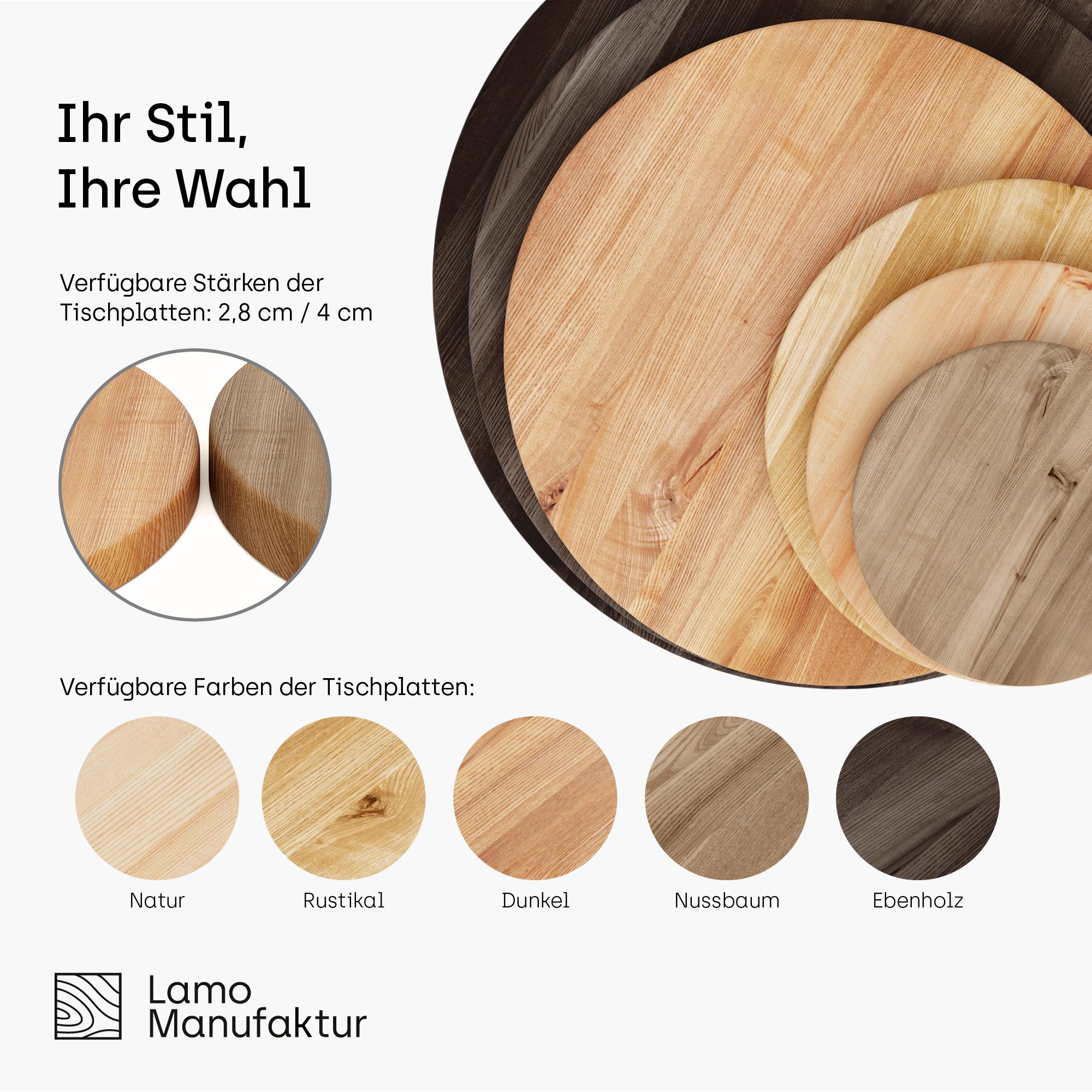 LAMO Manufaktur Esstischplatte LAMO Manufaktur Holzplatte rund 40 cm aus Naturholz für Couchtisch (Bürotisch, Esstischtischplatte), Kaffeetisch, Kindertisch, Stärke: 28 mm Farbe: Natur