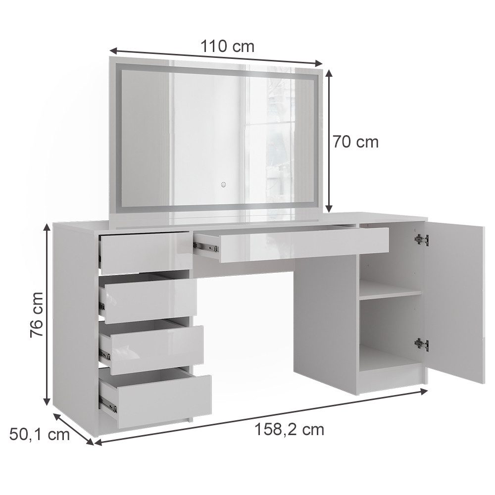 Vicco Schminktisch Sherry, Weiß/Weiß Hochglanz, 158.2 cm mit LED-Spiegel günstig online kaufen