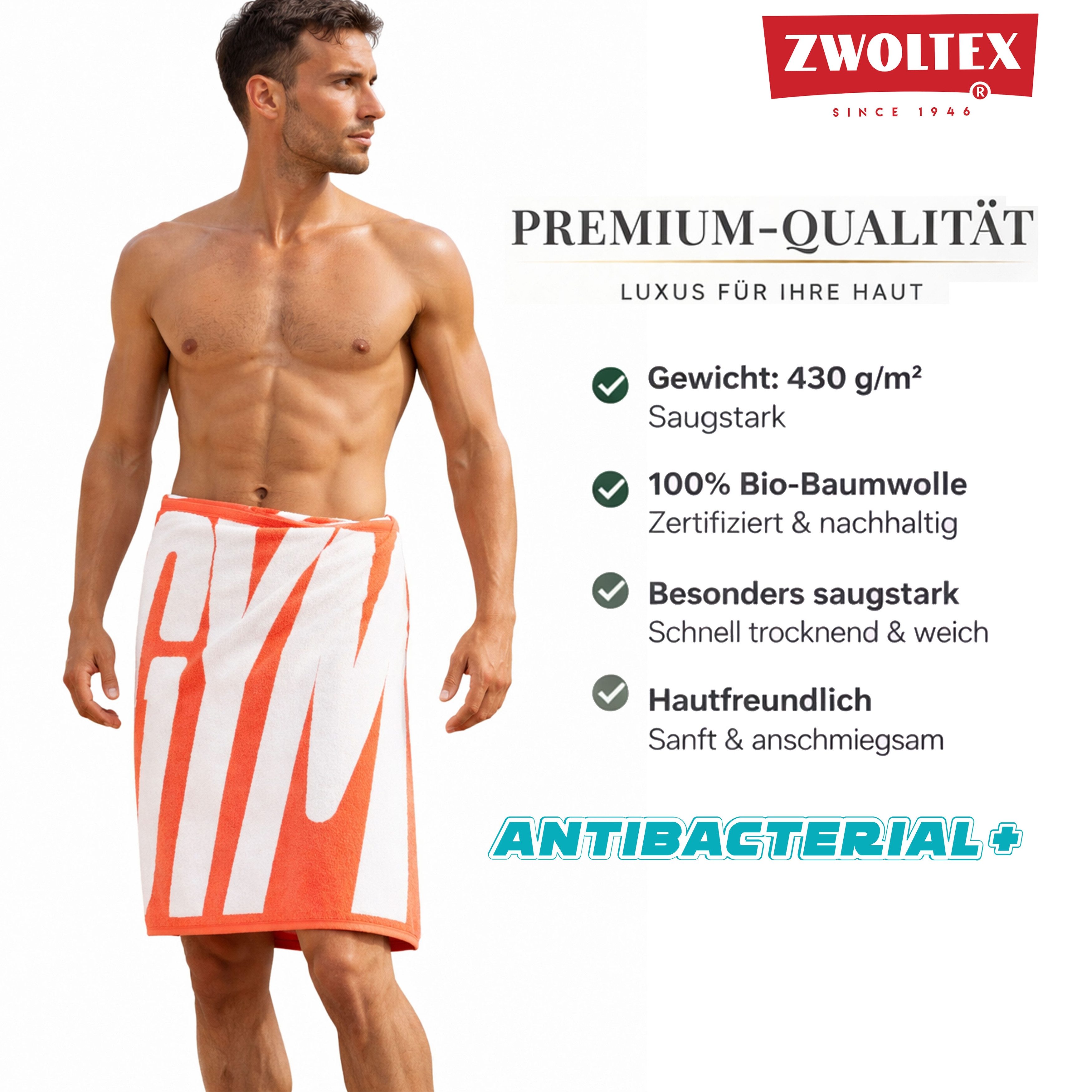 Zwoltex Sporthandtuch Gym Fitnesshandtuch 70x140 Orange Weiß antibakteriell Baumwolle., (Fitness Badetuch 70x140 fürs Studio weich saugstark Baumwolle pur), Ägyptische Baumwolle, Gymdesign, antibakteriell, weich, saugstark