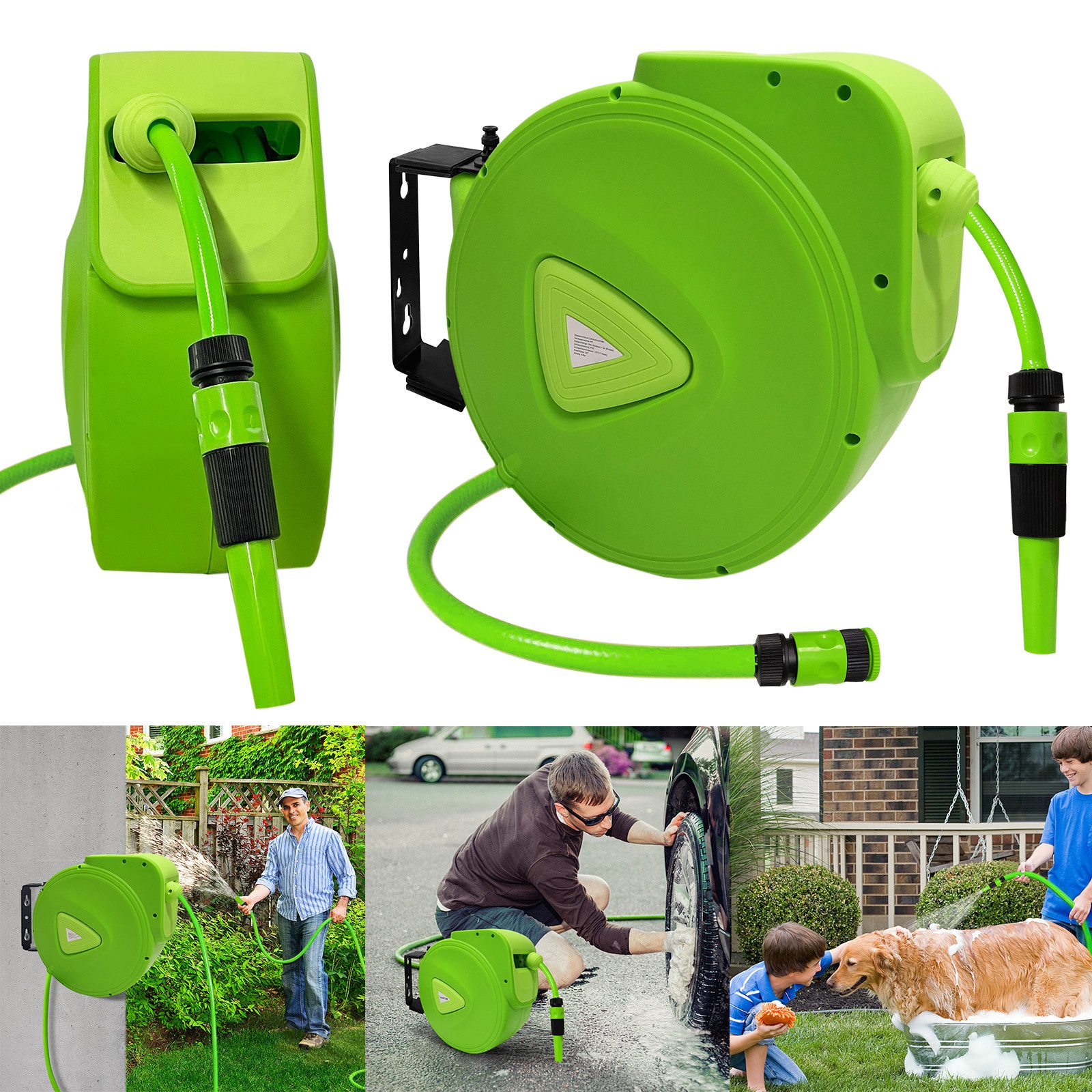 FIVMEN Schlauchtrommel Druckluftschlauch-Aufroller 30m+ 2m mit Handbrause und Gartenschlauch, 3/4" Anschluss, 180°schwenkbar für Garten, Bewässerung, Autowäsche