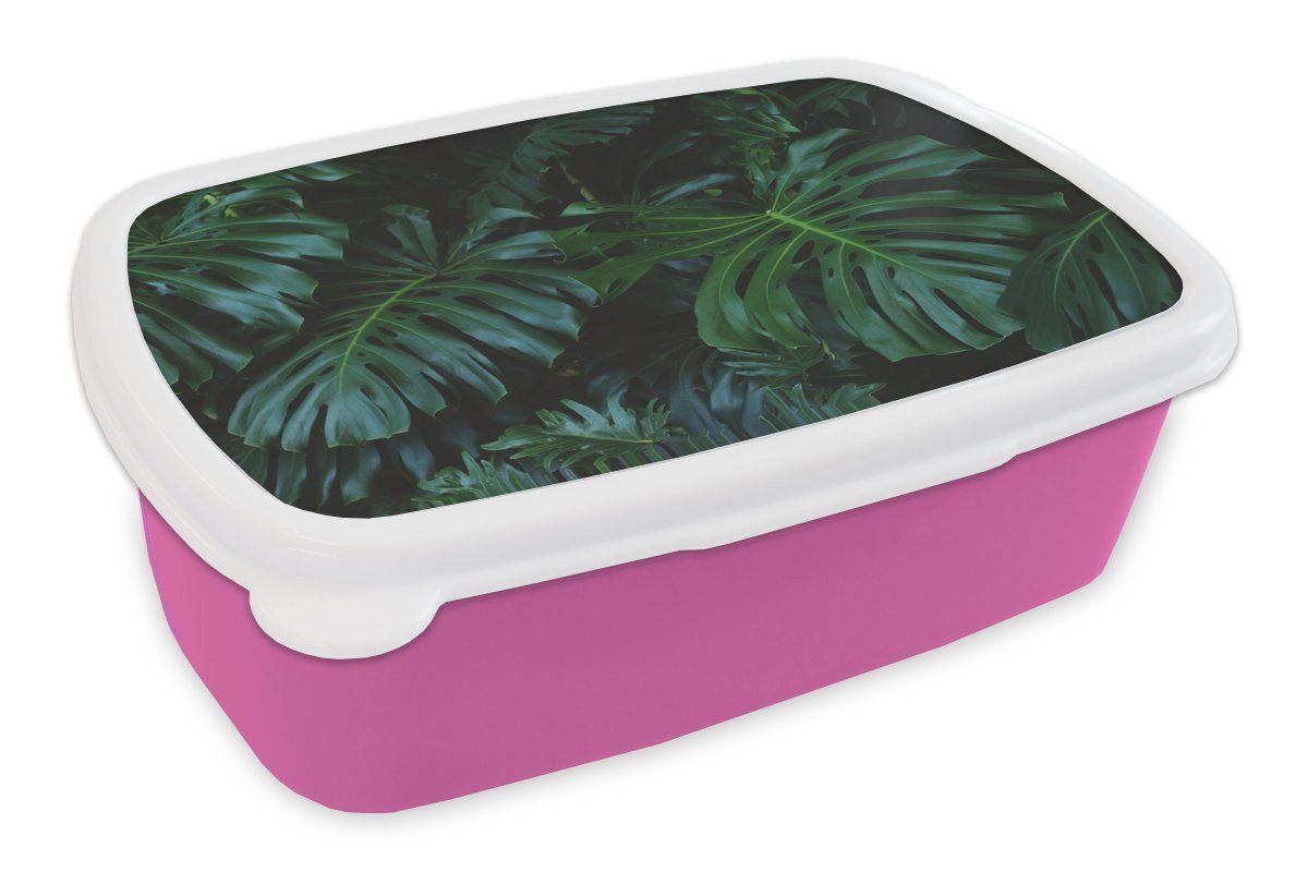 MuchoWow Lunchbox Dschungel - Laub - Grün, Kunststoff, (2-tlg), Brotbox für Erwachsene, Brotdose Kinder, Snackbox, Mädchen, Kunststoff rosa