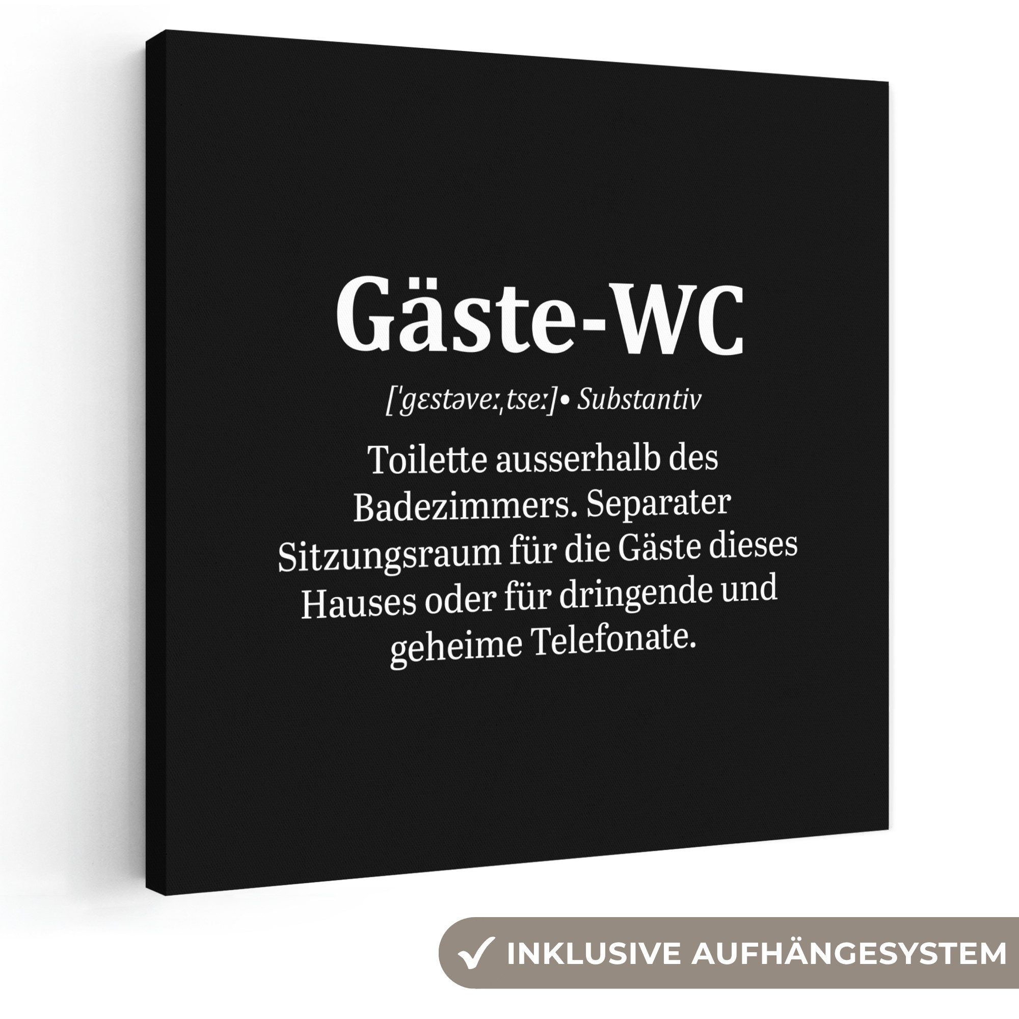OneMillionCanvasses® Leinwandbild Zitat - Gäste-wc - Definition - Schwarz - Sprüche, Fotodruck (1 St), Wandbild, Deko Schlafzimmer Wohnzimmer Flur 20x20 cm