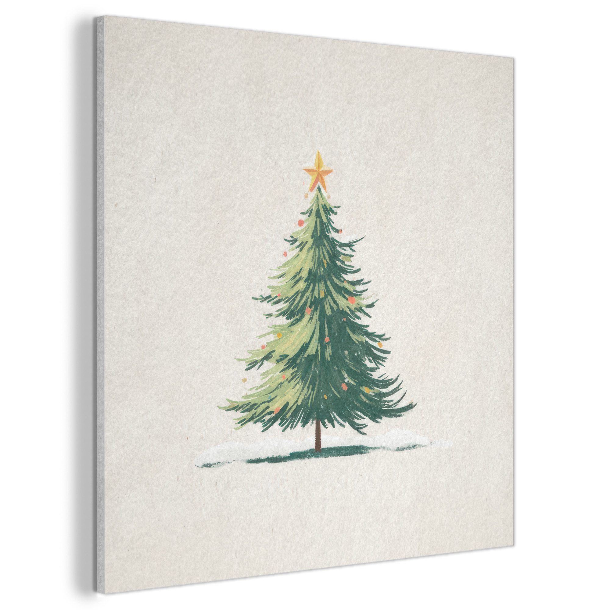MuchoWow Gemälde Weihnachtsbaum - Illustration - Stern - Schnee, Fotodruck (1 St), Akustikbilder Schallabsorber, Wandpaneele, Akustikpaneele 50x50 cm