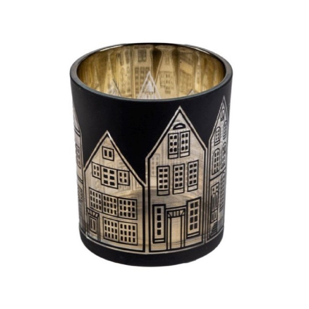 Sandra Rich Windlicht SANDRA RICH Teelichtlgas "Häuserzeile" Windlicht 8cm SCHWARZ / GOLD