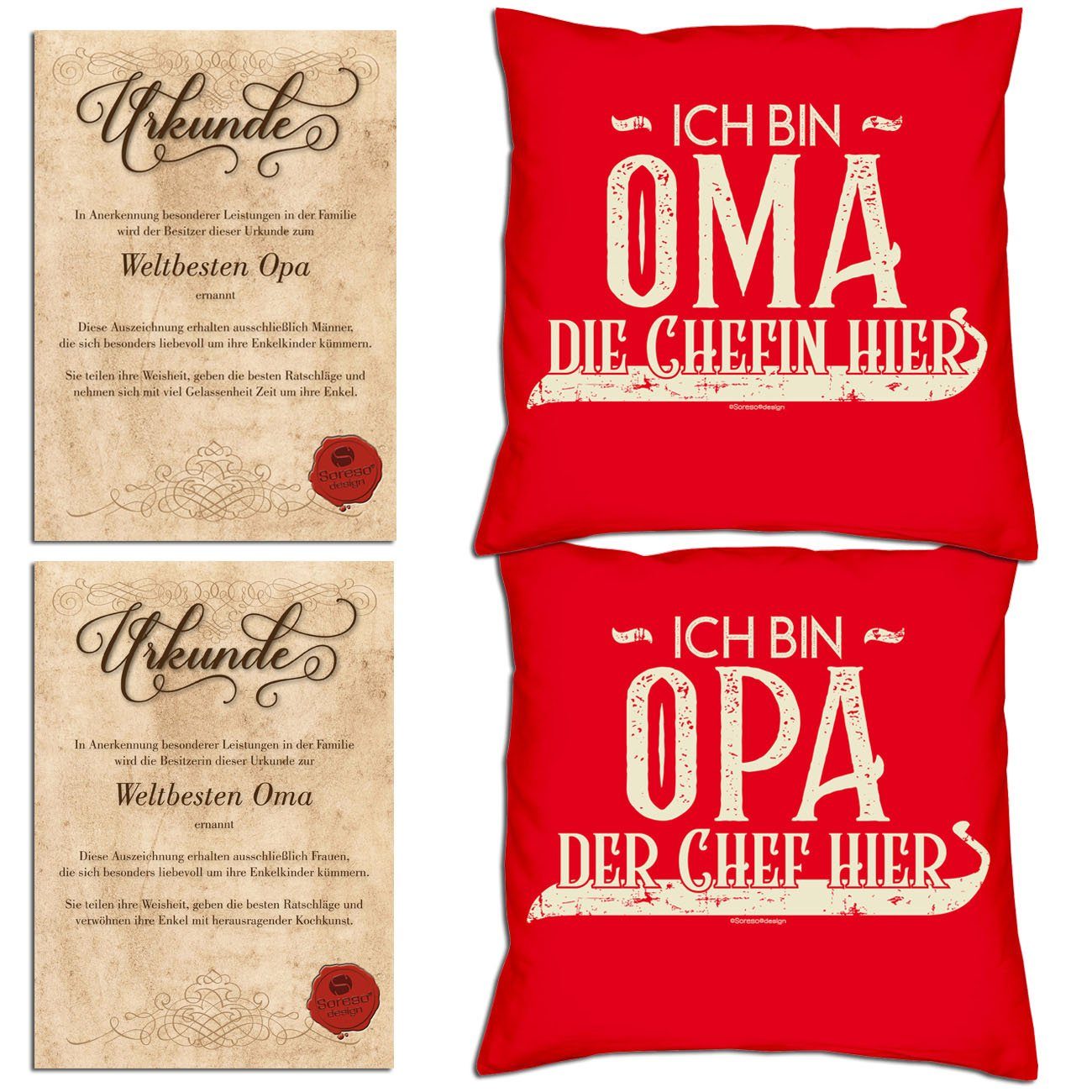 Soreso® Dekokissen bin Ich Großeltern Chef mit hier für Ich Kissen-Set die der rot Oma Urkunden, hier Opa bin Chefin Weihnachtsgeschenk