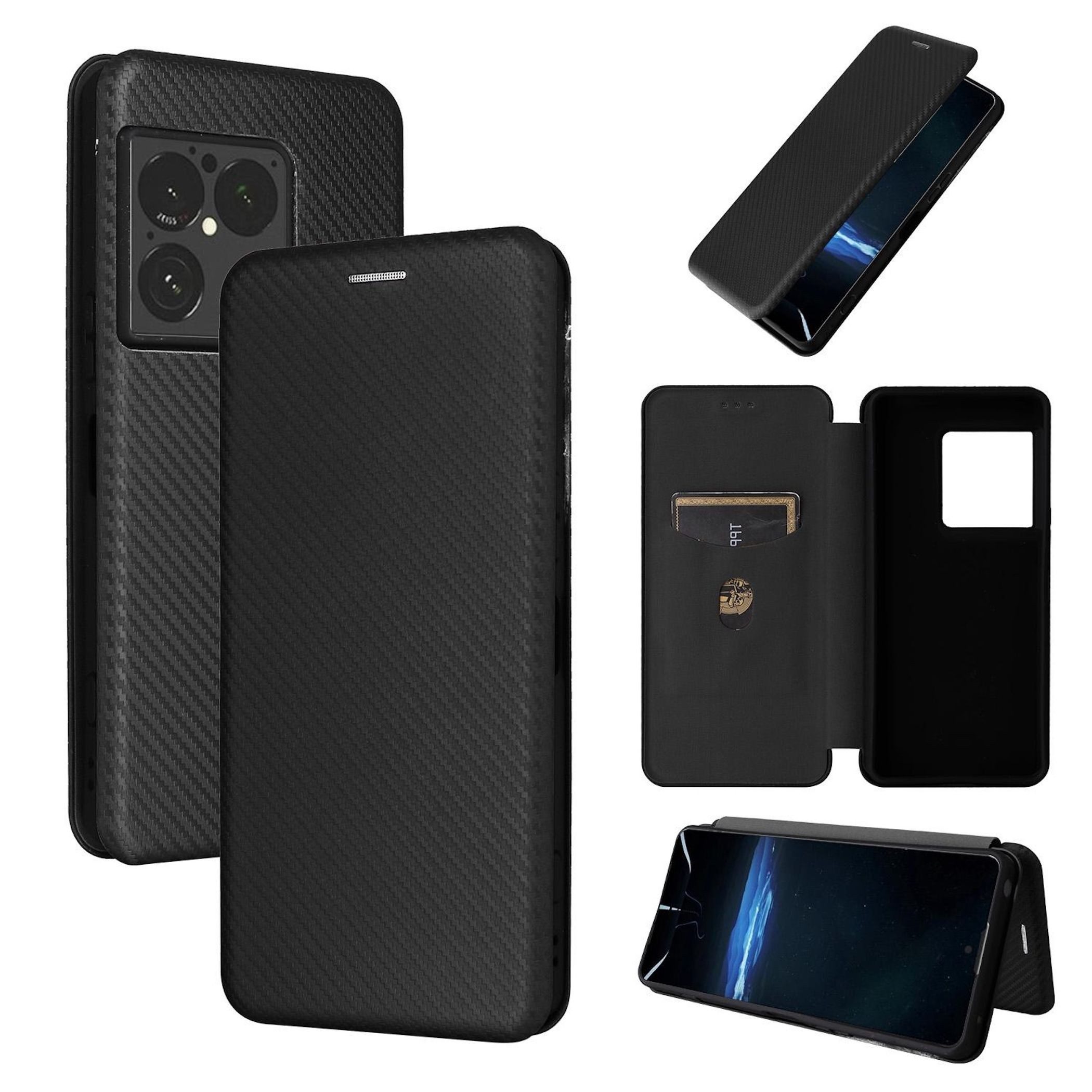 Wigento Handyhülle für Sony Xperia 1 VIII Carbon Textur Design Flip Schwarz 6,5 Zoll, Carbon Faser Flip Schutzhülle mit Kartenfach und Ständer
