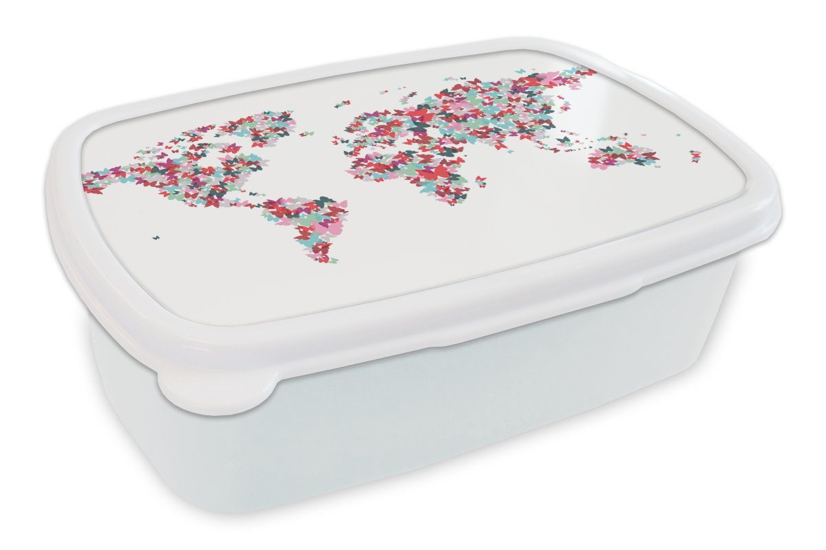 MuchoWow Lunchbox Weltkarte - Farben - Schmetterlinge - Kinder - Jungen - Mädchen, Kunststoff, (2-tlg), Brotbox für Kinder und Erwachsene, Brotdose, für Jungs und Mädchen weiß