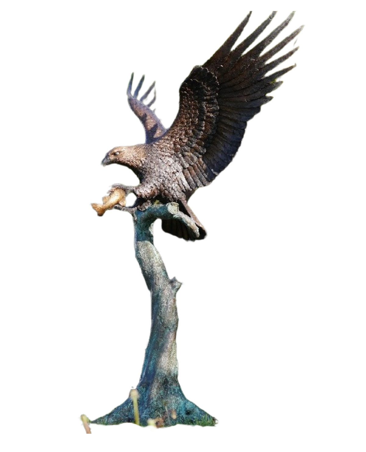 Bronzeskulpturen Skulptur Bronzefigur Adler mit Fisch am Baumstamm