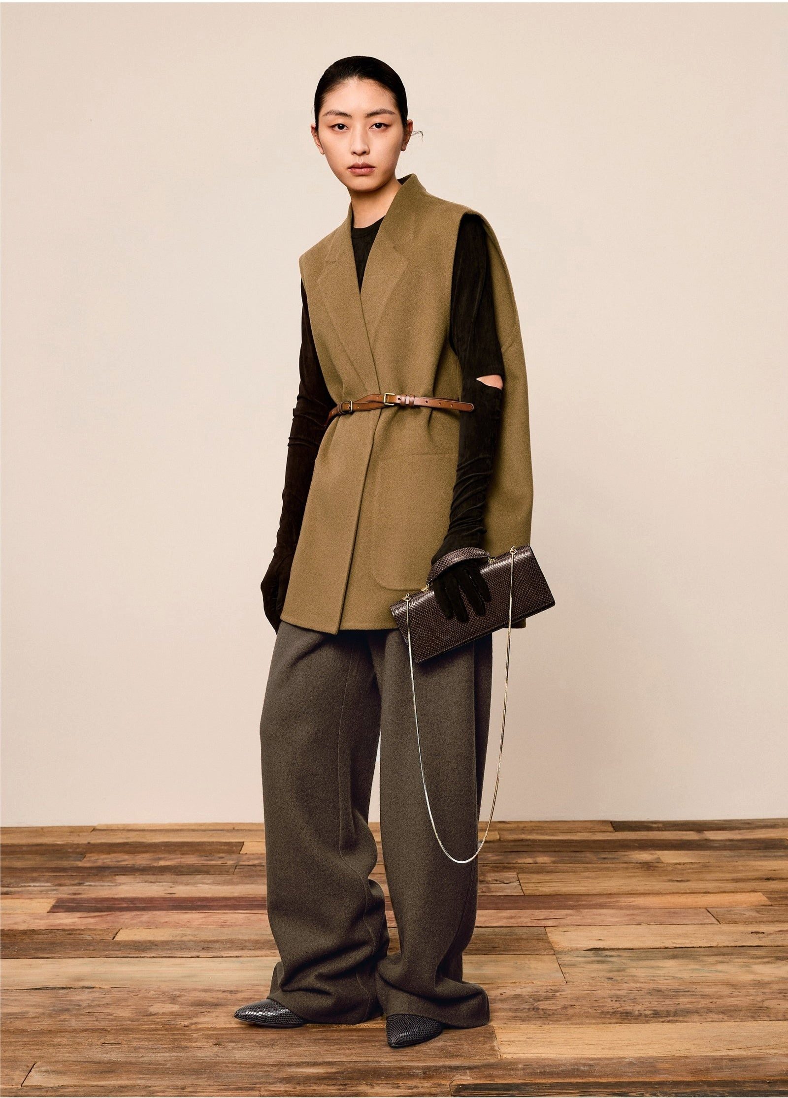 LESS Longweste Damen Regular Wollweste mit Reverskragen & Bindeband