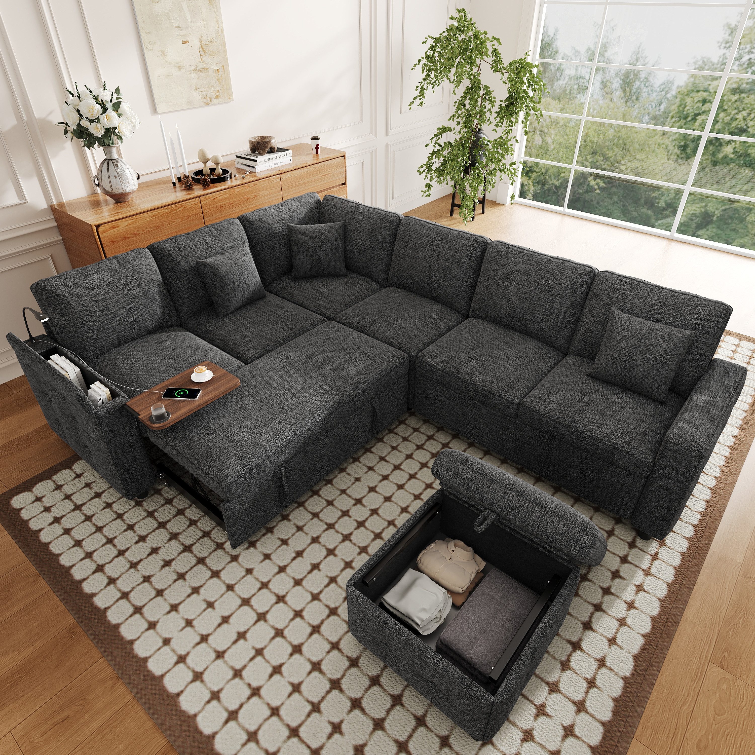 Merax Ecksofa mit Schlaffunktion, ausziehbares Schlafsofa für 7–8 Personen, XXL L-Form Sofa, Chenille, 261×203×88cm 1 Teile, Sofa mit LED-Leselampe,USB/Type-C,Stauraum,Klapptisch,Getränkehalter