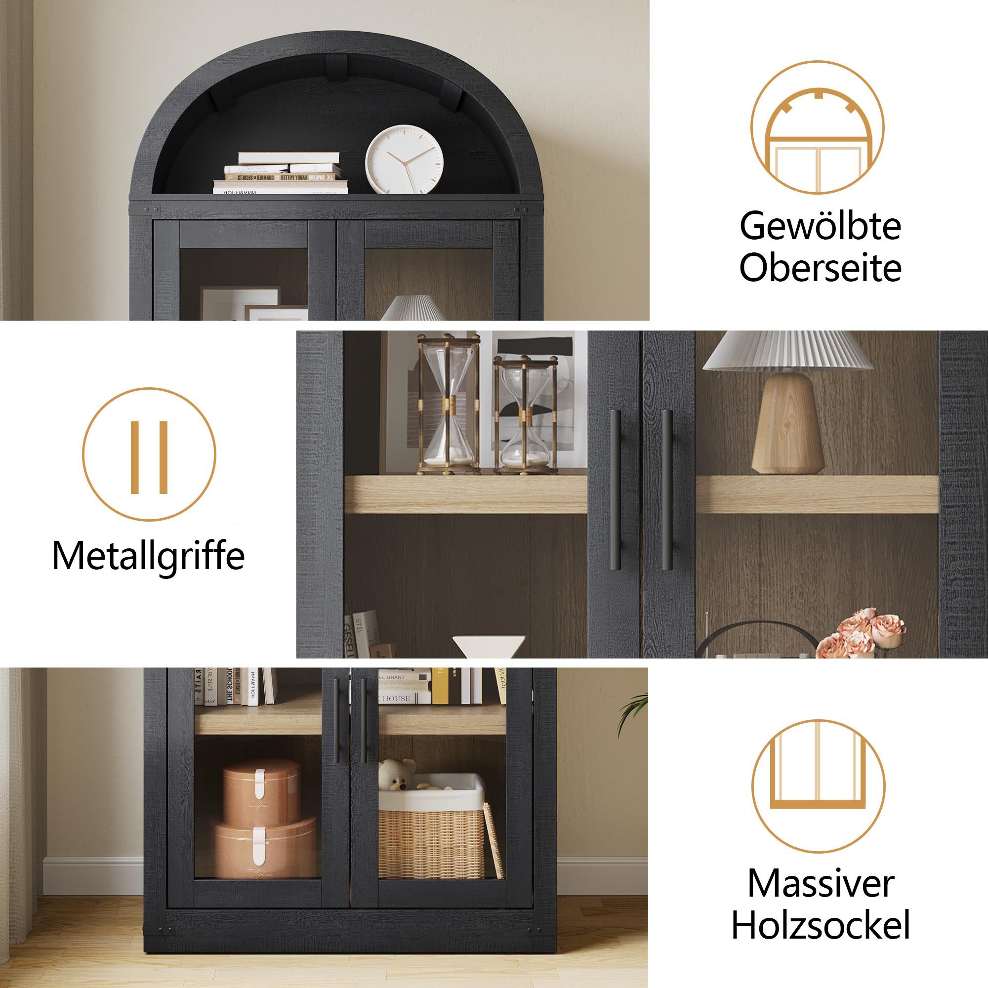 GarveeMore Bücherregal Gewölbtes Bücherregal Mehrzweckregal Küchenregal Stauraumregal, 1-tlg., Regalelement Standregal Pantry Cabinet 4 Fächern mit Schranktüren