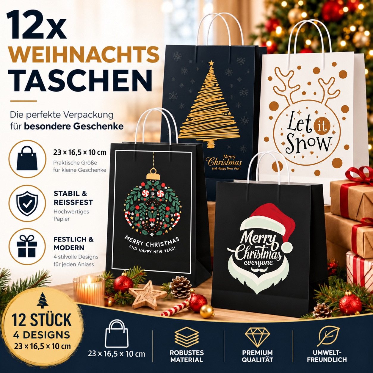 TK Gruppe Aufbewahrungsbox 12 Weihnachts-Geschenktüten aus Papier, 17 × 23 cm, 4 Motive (Packung, 12x Weihnachtstaschen), Mit Geschenkanhänger – Bild 5 von 5