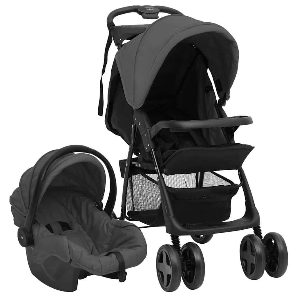 vidaXL Kinder-Buggy 3-in-1 Kinderwagen Dunkelgrau und Schwarz Stahl
