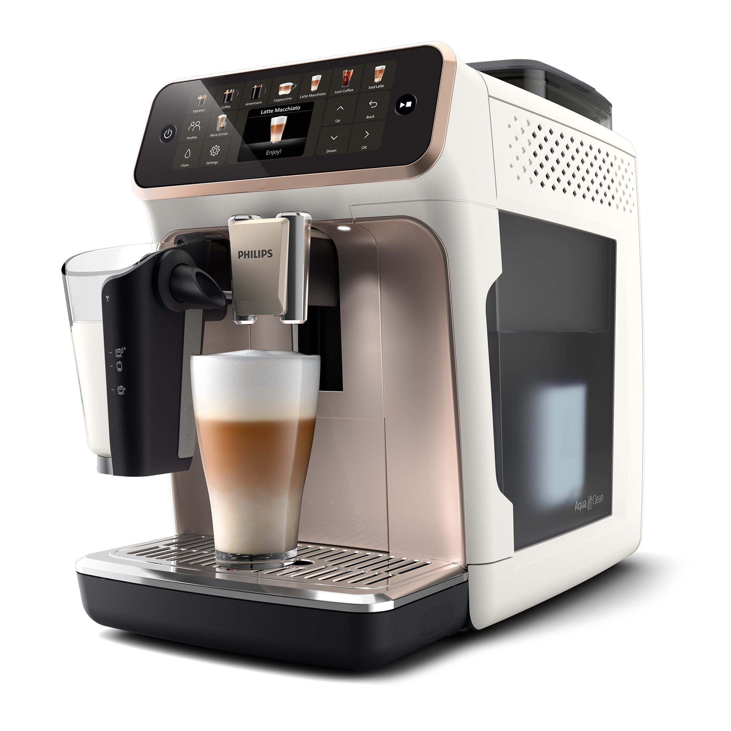 Philips Kaffeevollautomat EP5543/80 5500 Series, 20 Kaffeespezialitäten (heiß oder eisgekühlt), Rosé-Weiß, LatteGo-Milchsystem, SilentBrew Technologie