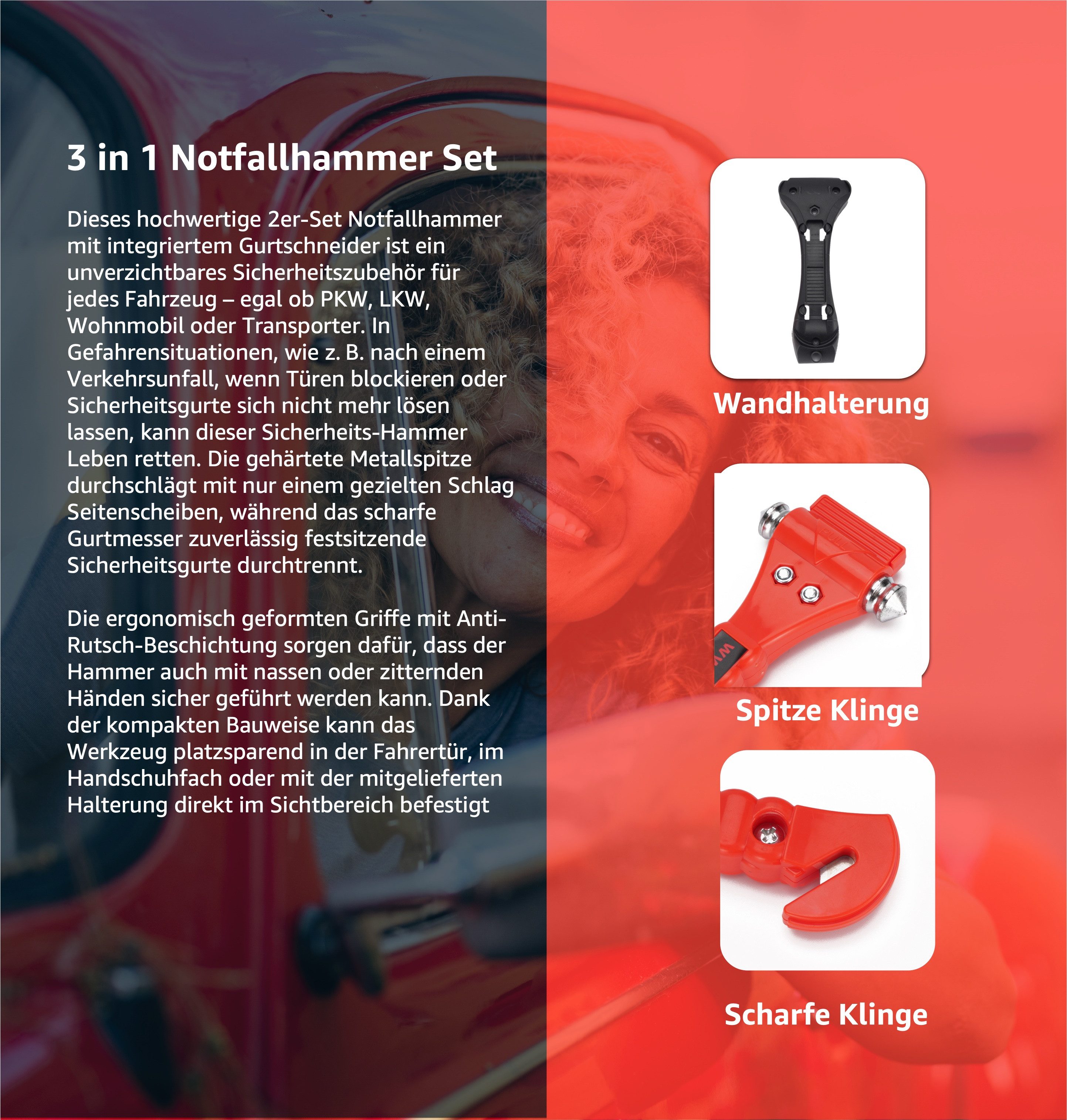 autogadget® Hammer 2er Notfallhammer Autozubehör Set Nothammer - mit Gurtschneider (2er Set, 2-St., 2 Stück)