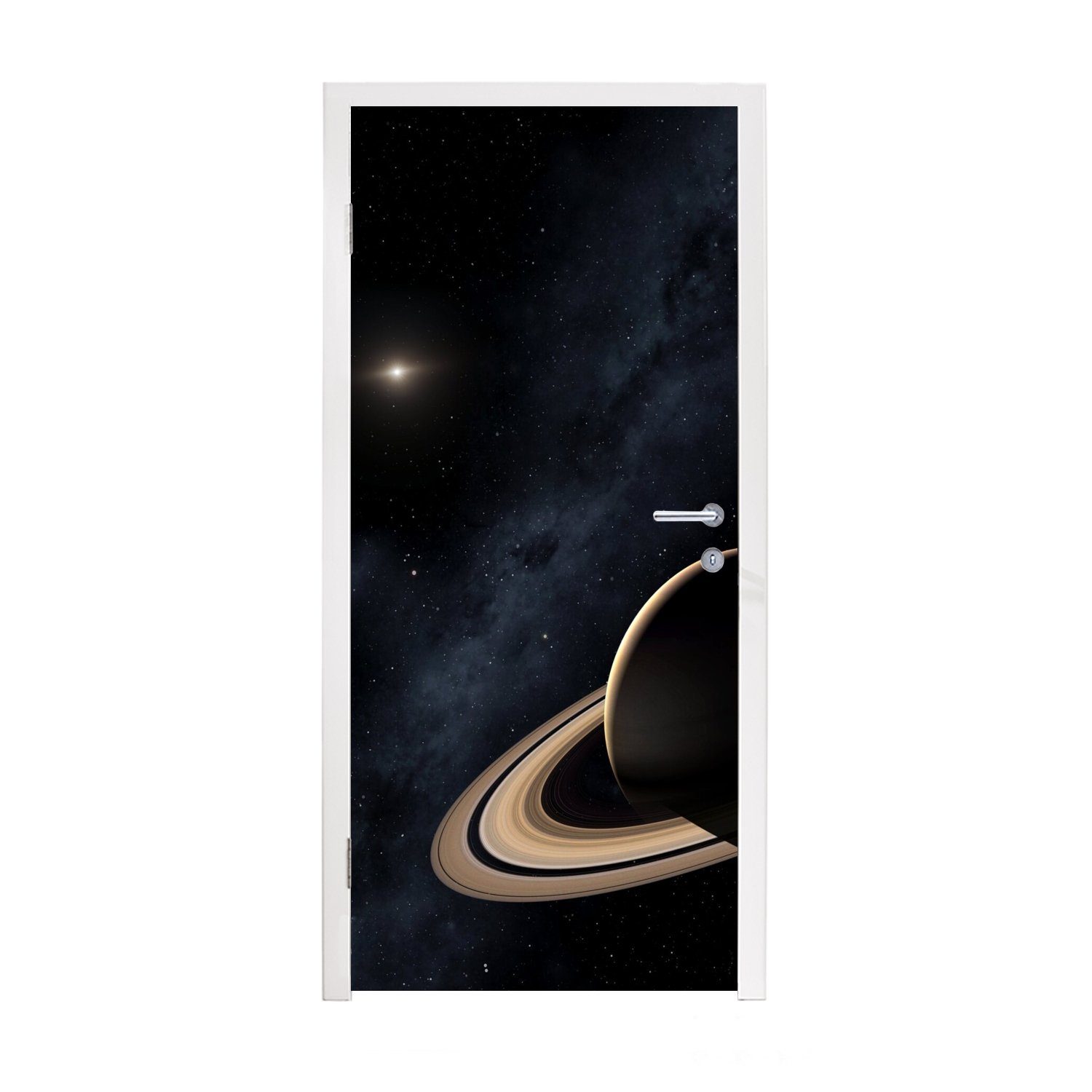 Matt, Saturn (1 Der Tür, bedruckt, Türaufkleber, 75x205 MuchoWow Planet dunklen einem für vor mit einem St), Türtapete Himmel Fototapete Stern, cm