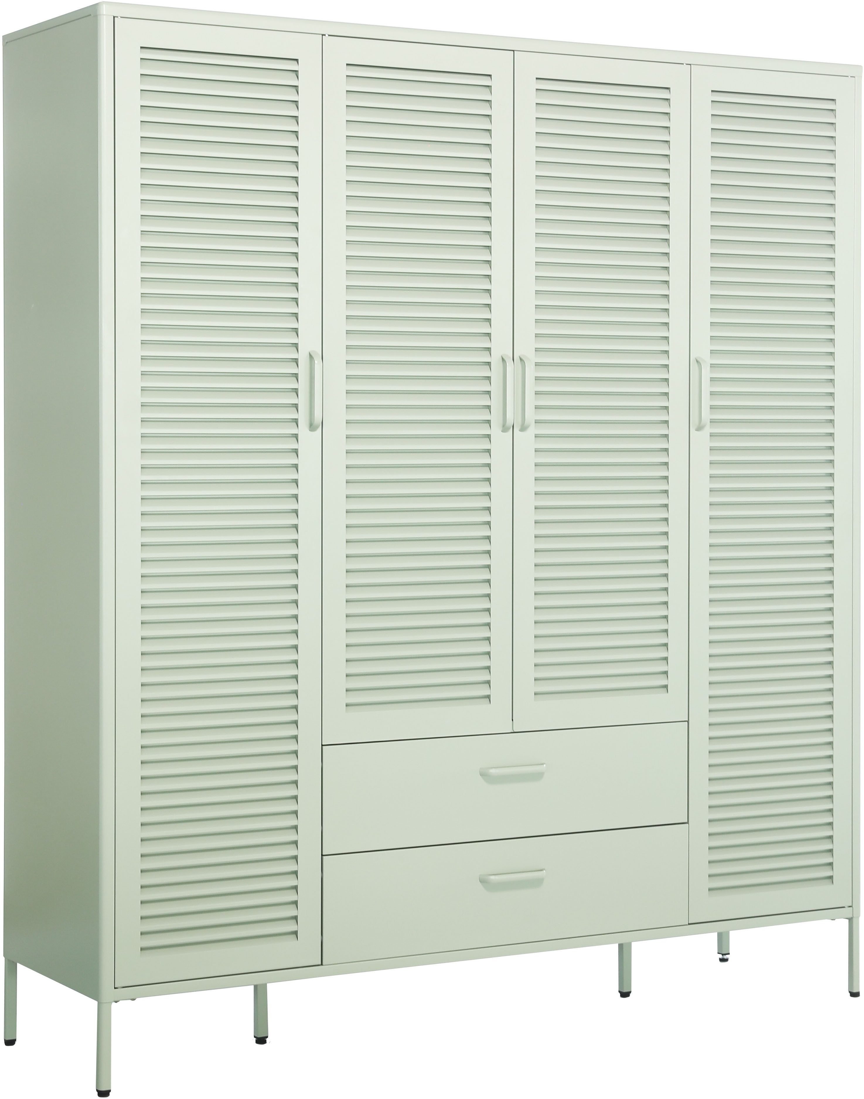 OTTO home Kleiderschrank GERRON Kleiderschrank Metallschrank Spind (mit Lamellen für eine gute Belüftung vom Schrank) Schlafzimmerschrank, 4 Türen & Schubladen, grün salbei, Breite 158cm