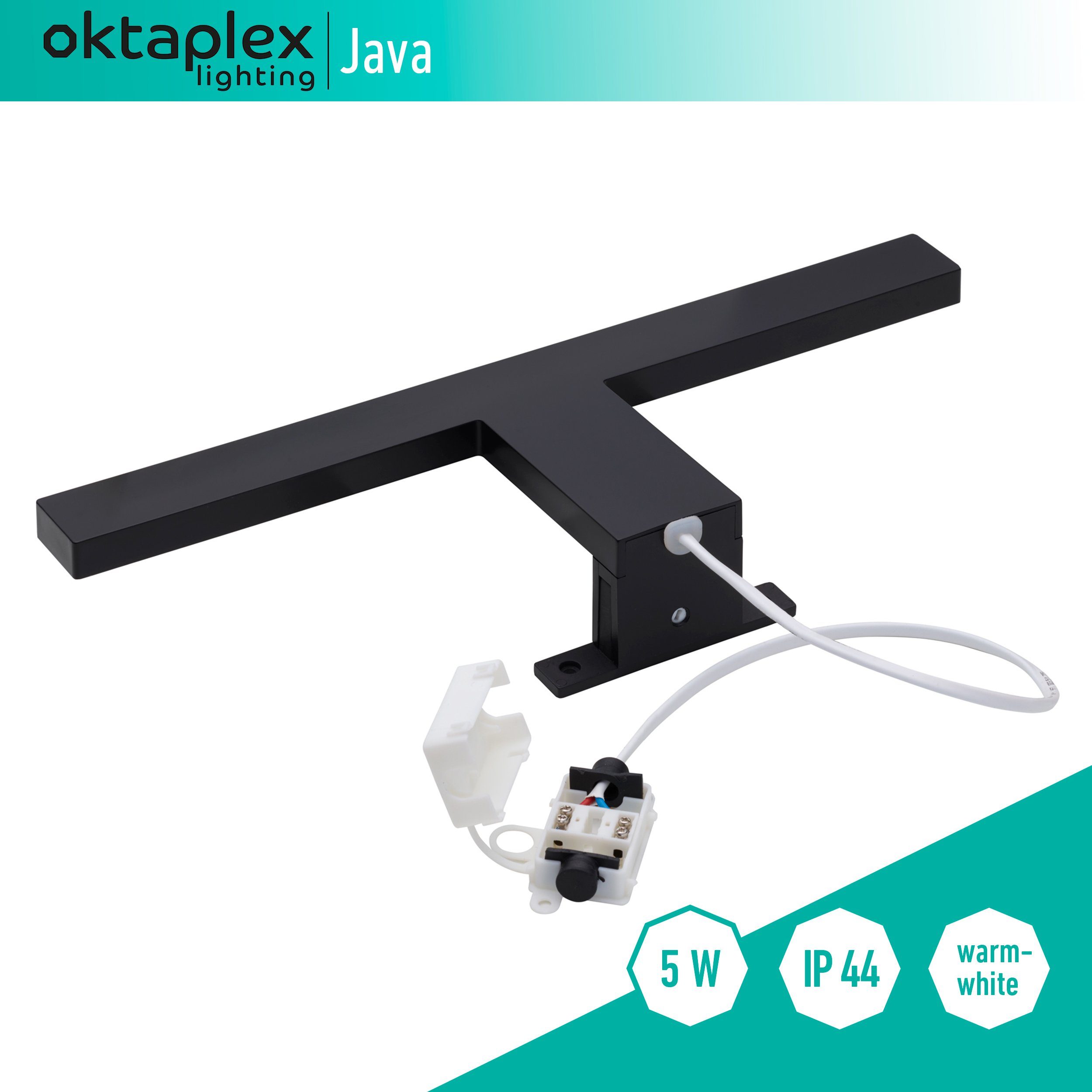 Oktaplex lighting LED und fest Spiegelleuchte Spiegelleuchte warmweiß, verbaut, Klemm- in LED 1 Java LED, 30cm, LED Schwarz 2 320lm Spiegellampe Aufbauleuchte 5W