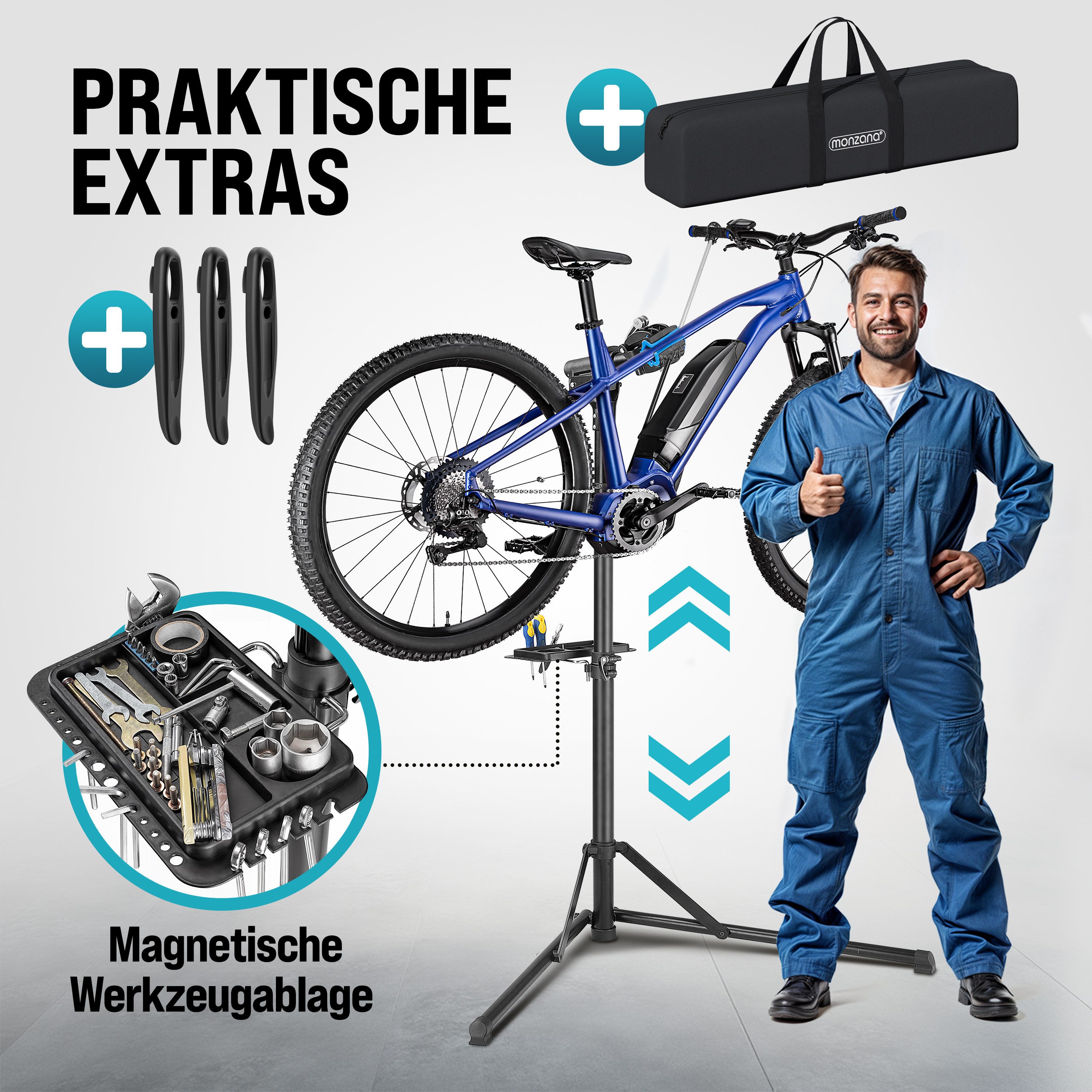 monzana Fahrrad-Montageständer, Klappbar 50 kg Schnellspanner Lenkerhalter 30-70mm Werkzeugschale