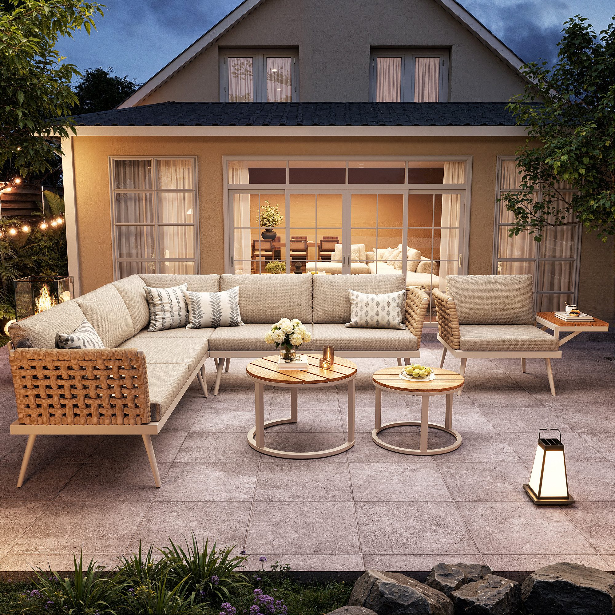 Flieks Gartenlounge-Set, 6-Sitzer L-Form Gartensofa Eckgarnitur mit 2 stapelbaren Couchtische