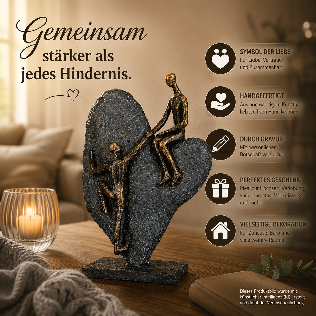 Brillibrum Skulptur Herz Skulptur aus Kunstharz mit Gravur als Geschenk für Hochzeit Liebe