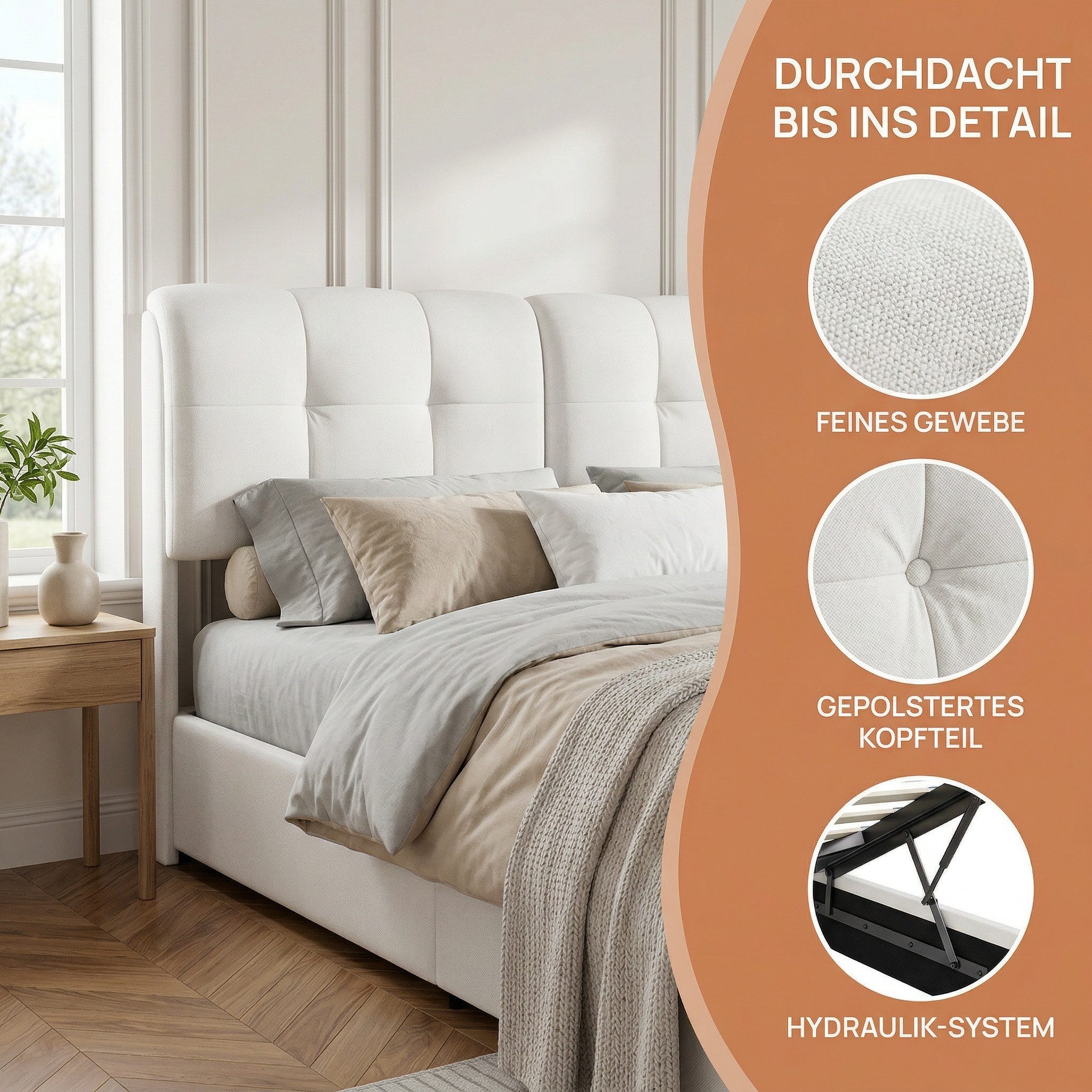 PXloue Stauraumbett Polsterbett mit Stauraum (Hochklappbares Bett 160x200 cm (Stimmungsvolles LED-Lichtband), Cremeweiß, mit stabilem Lattenrost & gepolstertem  – Bild 5 von 5