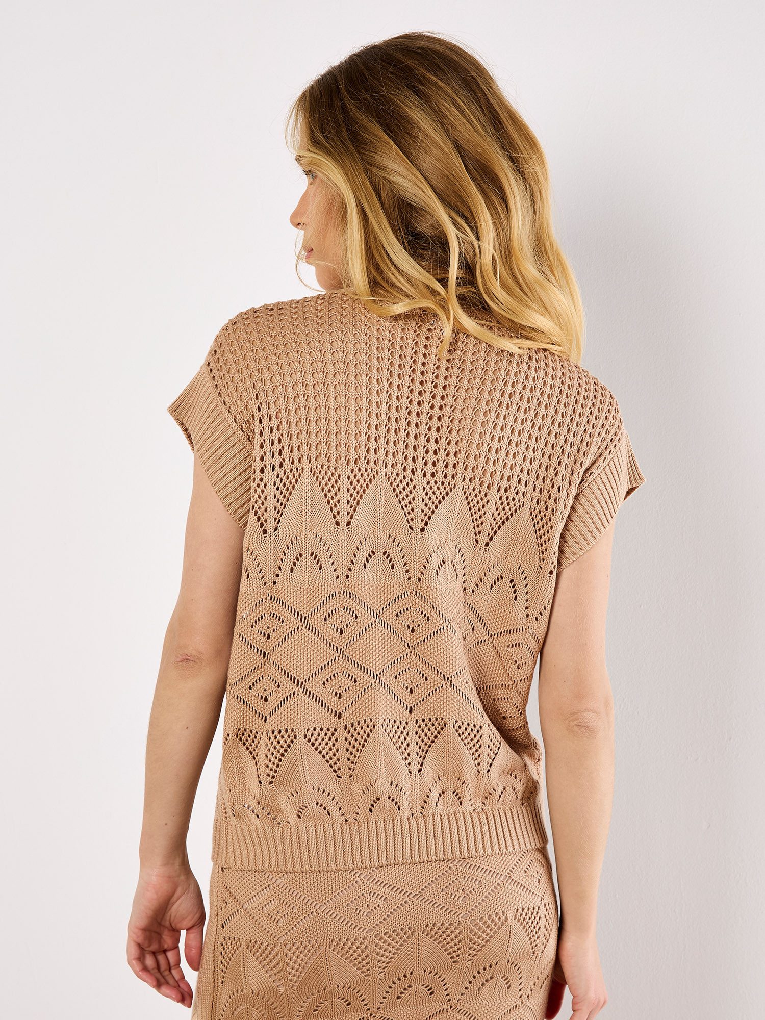 Apricot Stricktop Pointelle-Strickoberteil mit Rundhalsausschnitt