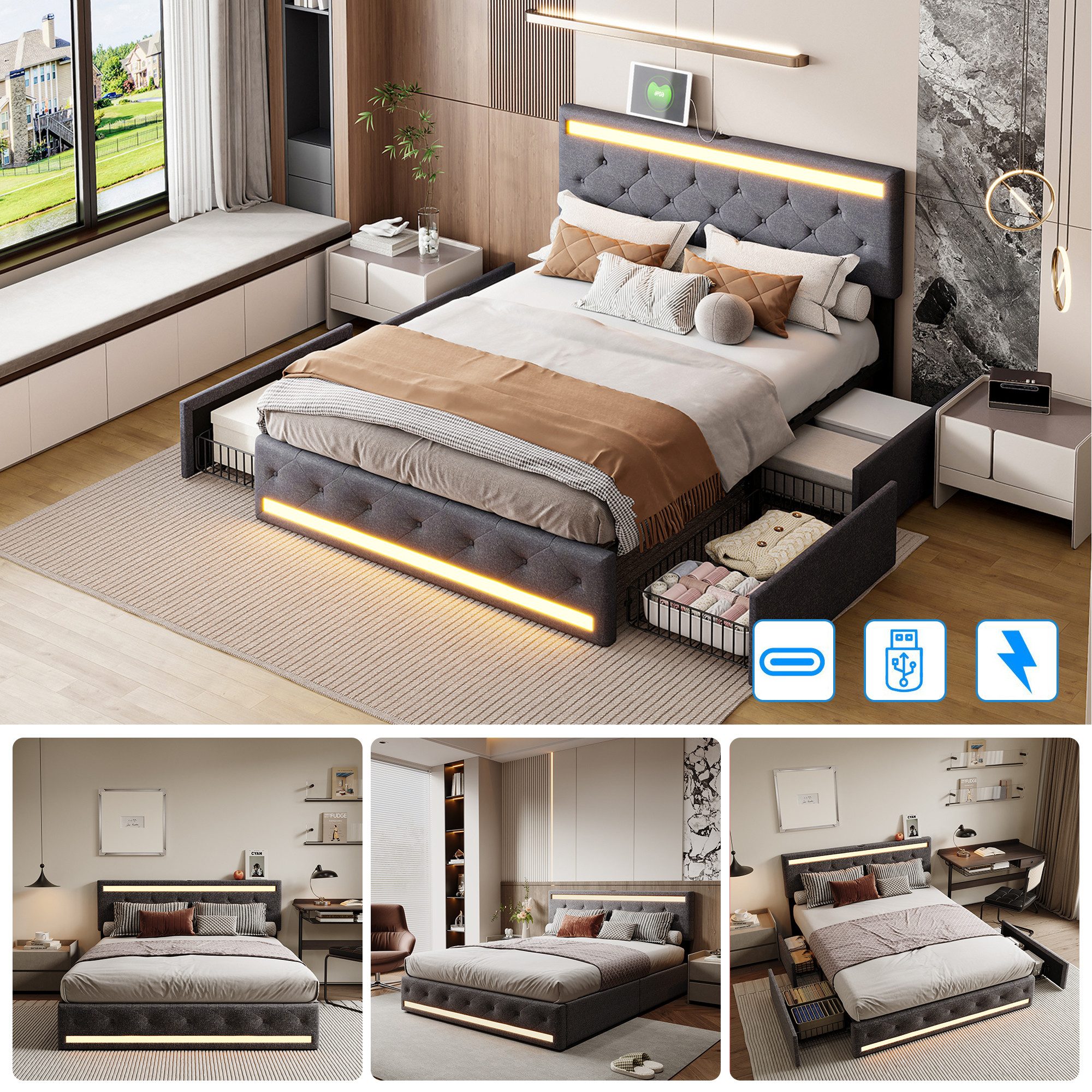 PXloue Polsterbett Modernes Polsterbett mit LED-Beleuchtung, Bettgestell mi günstig online kaufen