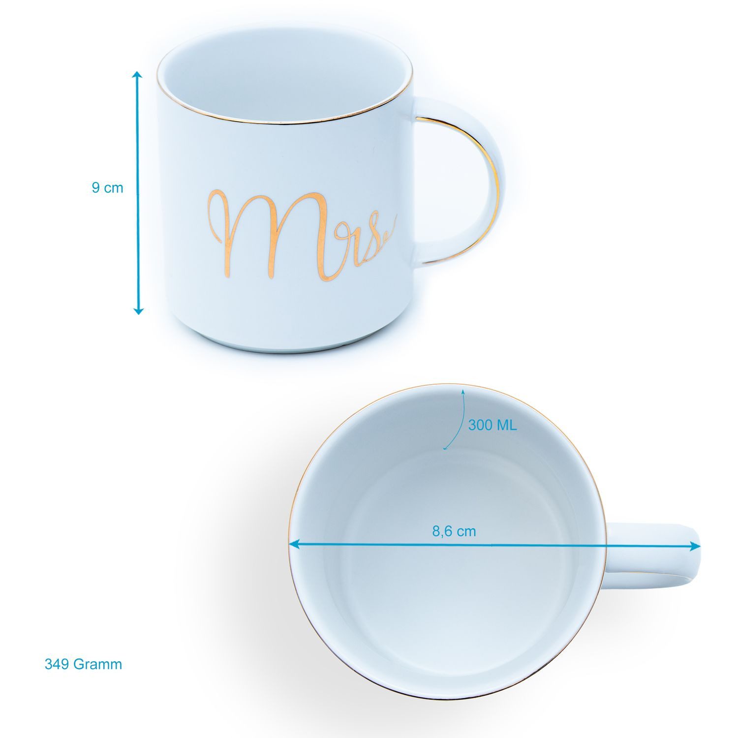 Intirilife Tasse, 1-tlg., Porzellan, Kaffeetasse Teetasse mit Goldrand und Aufschrift Mrs und Mrs 300 ml