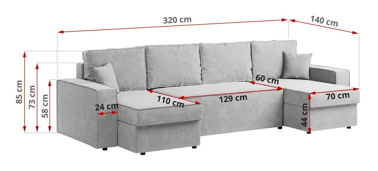 Bettsofa, - Form Couch MÖBEL MKS mit Schlaffunktion Ecksofa U - DENVER U, Polstersofa