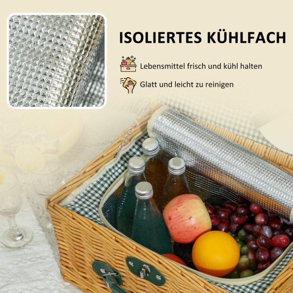 CHICFURN Picknickkorb Picknickkoffer aus Weidenholz mit isoliertem Kühlfach (Packung, 1 St., Inklusive Besteckset und Zubehör für Camping, Strand und Ausflüge), Komplettes Picknickset für 2 Personen, Farbe Hellbraun