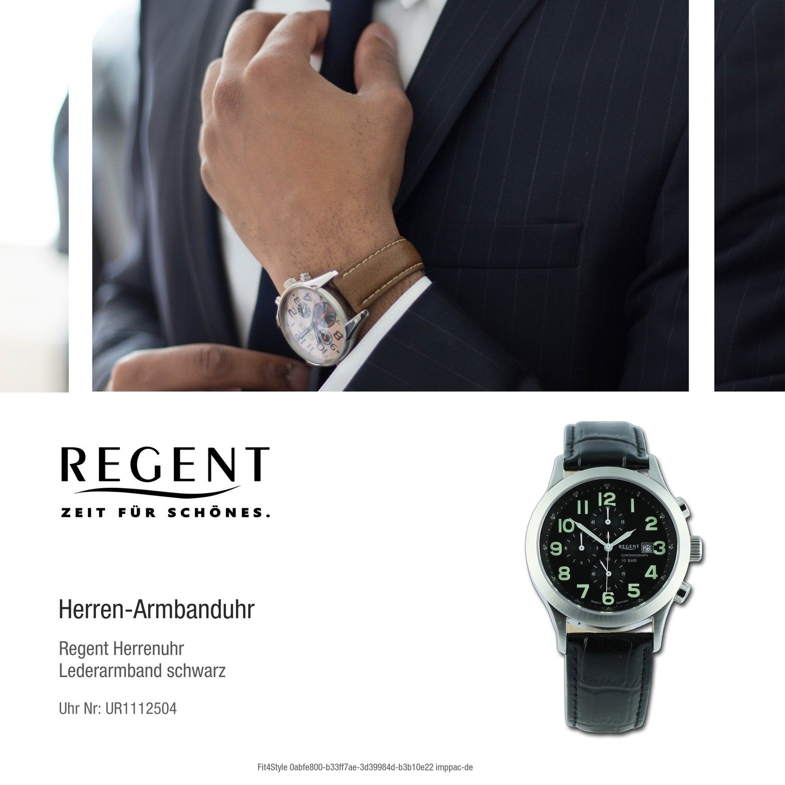 Regent Quarzuhr Regent (ca. Analog, Armbanduhr 41mm) rundes schwarz, Gehäuse, extra Lederarmband groß Herren Herrenuhr