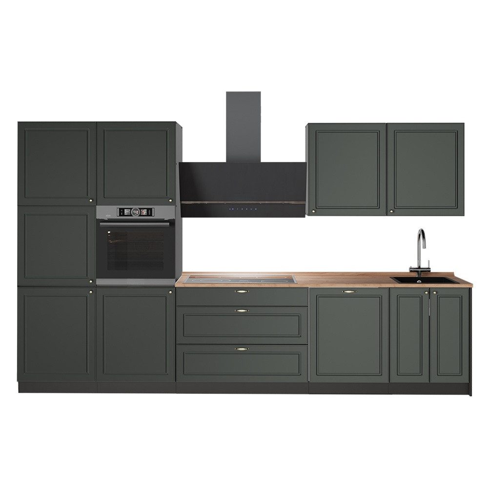 Vicco Küchenzeile Fame-Line, Grün-Gold Landhaus/Anthrazit, 340 cm, AP Eiche