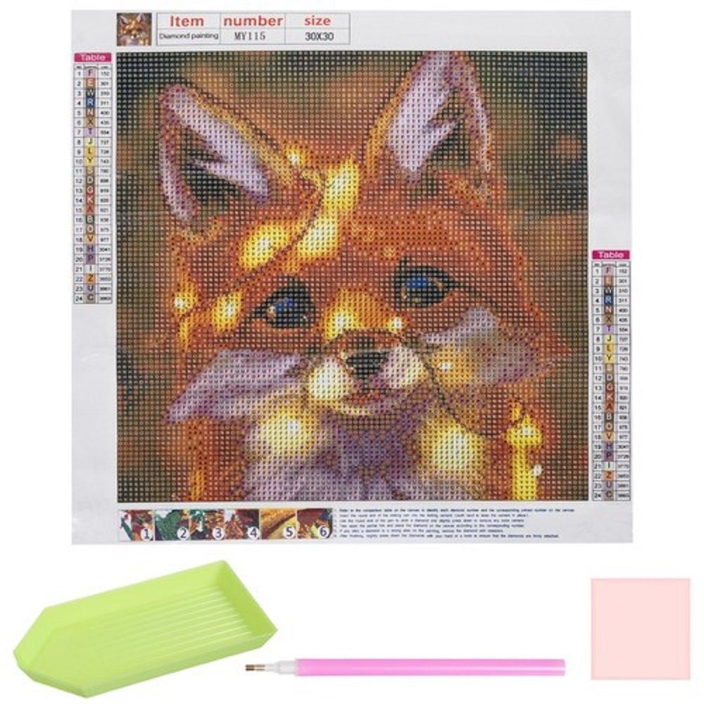 MALATEC Malen nach Zahlen Faszinierende Fuchs-Diamantmalerei im 30x30cm Set (Komplett-Set), Kreativität fördern, Stress abbauen, einzigartige Dekoration