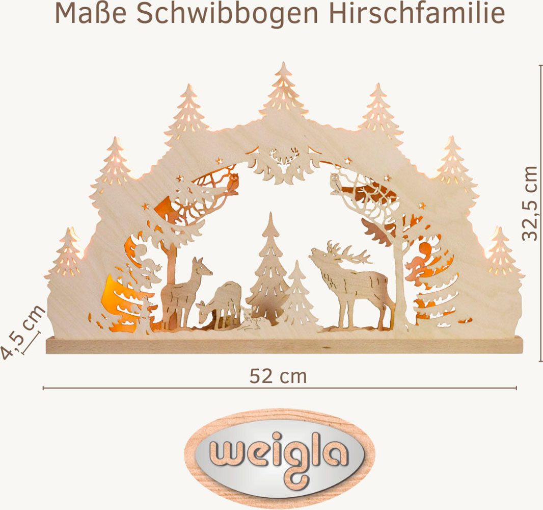 Weigla LED Schwibbogen Hirschfamilie, Lichterbogen aus Holz, NATUR, Made in Germany (1-tlg), Erzgebirge garantiert, Weihnachtsdeko Innen, Weihnachtsbeleuchtung