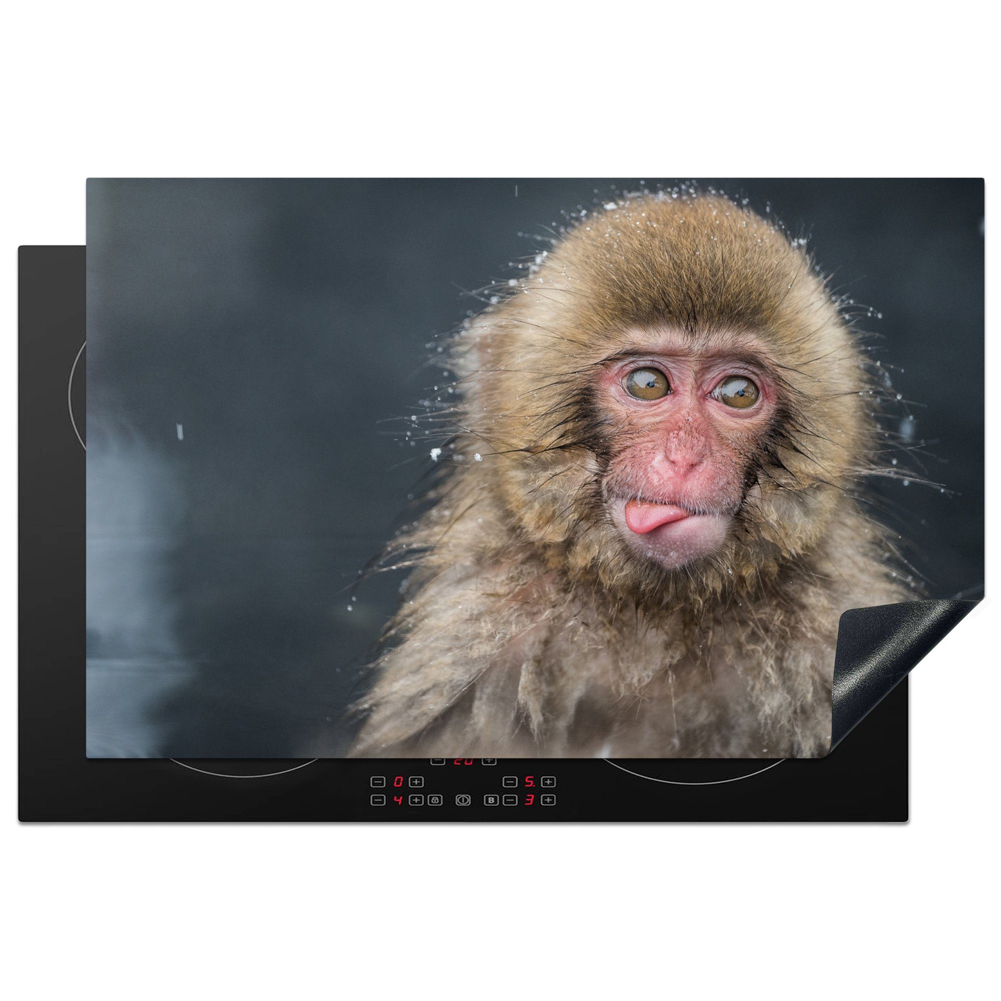 MuchoWow Herdblende-/Abdeckplatte Affe - Japanisch - Schnee - Tiere, Vinyl, (1 tlg), 81x52 cm, Induktionskochfeld Schutz für die küche, Ceranfeldabdeckung