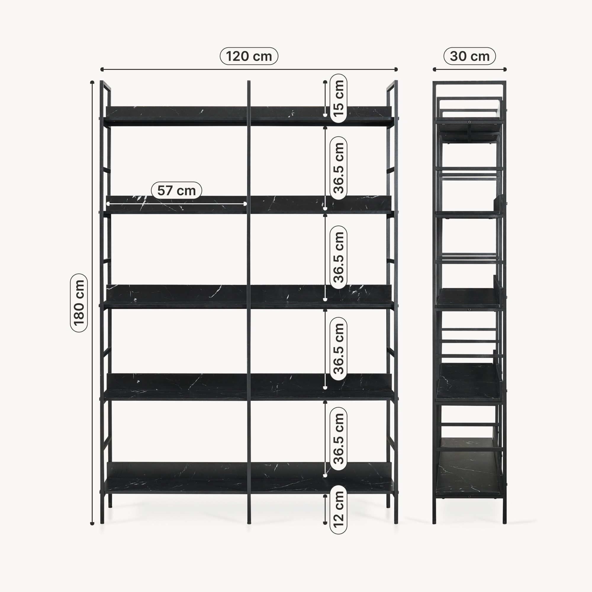 en.casa Bücherregal, »Noskik« 180 x 120 x 30 cm Schwarz / Marmoroptik, schwarz