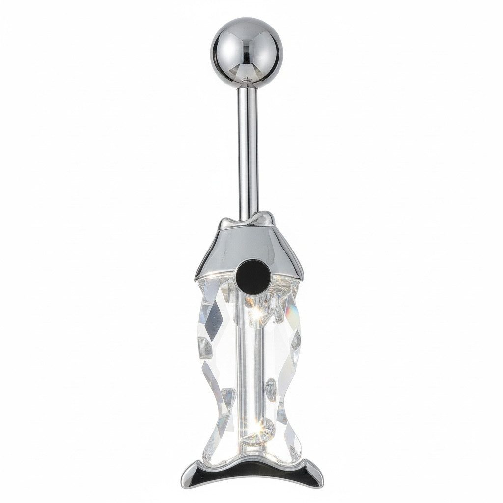 Bauchnabelpiercing Silber 925 Delfin mit Champagner-Kristall – 316L Edelstahl Steg SBF127