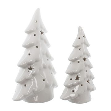 Dekoleidenschaft LED-Dekofigur Tanne aus Porzellan, hochglanz weiß, 15 + 19 cm hoch, Weihnachtsdeko (2 St., im Set), beleuchtet, Leuchtdeko, Dekofigur Tannenbaum, Mini Weihnachtsbaum