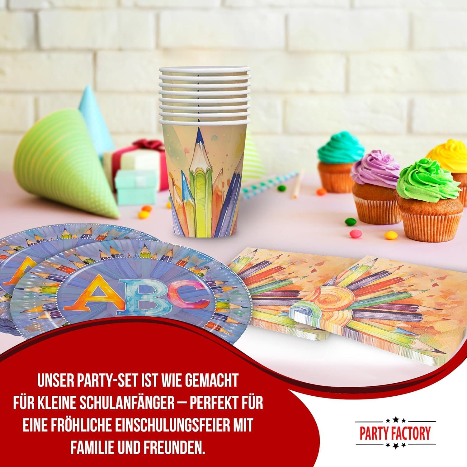 Party Factory Pappteller Back to School Party-Set 8 Pappteller 8 Pappbecher und 20 Servietten, Buchstaben Design