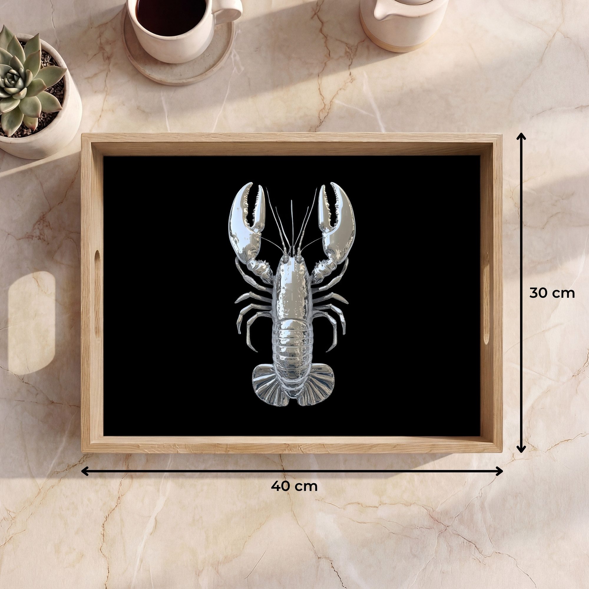 OnlyWow Tablett Rechteckig mit Henkel Hummer - Silber - Metallisch - Luxus, Eichenholz, (1-tlg), Siervierplatte, Tray, Frühstücksbrett