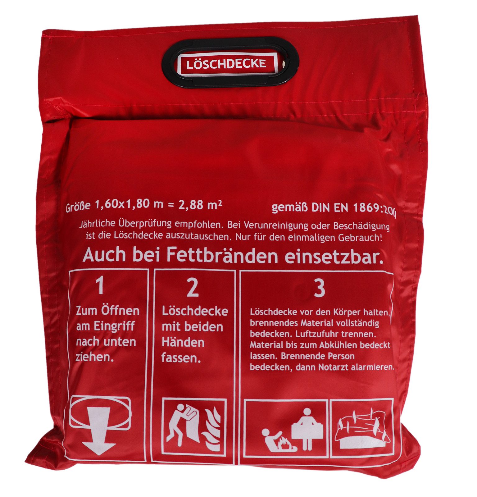 EXDINGER Löschdecke 1,60 x 1,80 m in Tasche zum Aufhängen mit Grifftaschen, (Packung), durch Klettverschluss schnell entnehmbar, praktische Grifftaschen