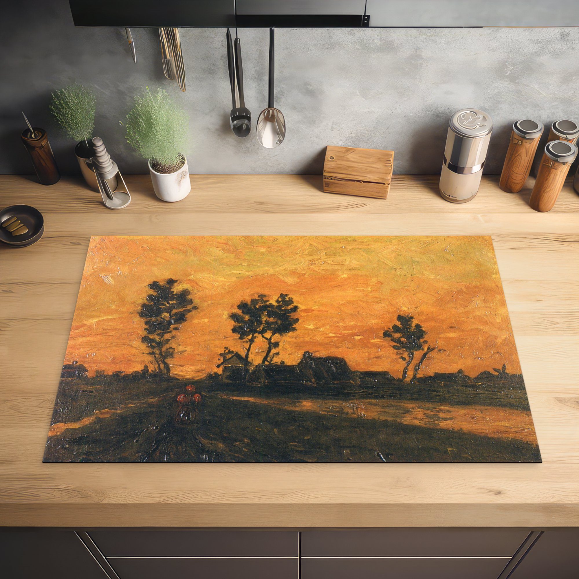 Gogh, Landschaft van für MuchoWow die Schutz Vincent Herdblende-/Abdeckplatte bei Ceranfeldabdeckung tlg), (1 Induktionskochfeld cm, Vinyl, Sonnenuntergang - 81x52 küche,