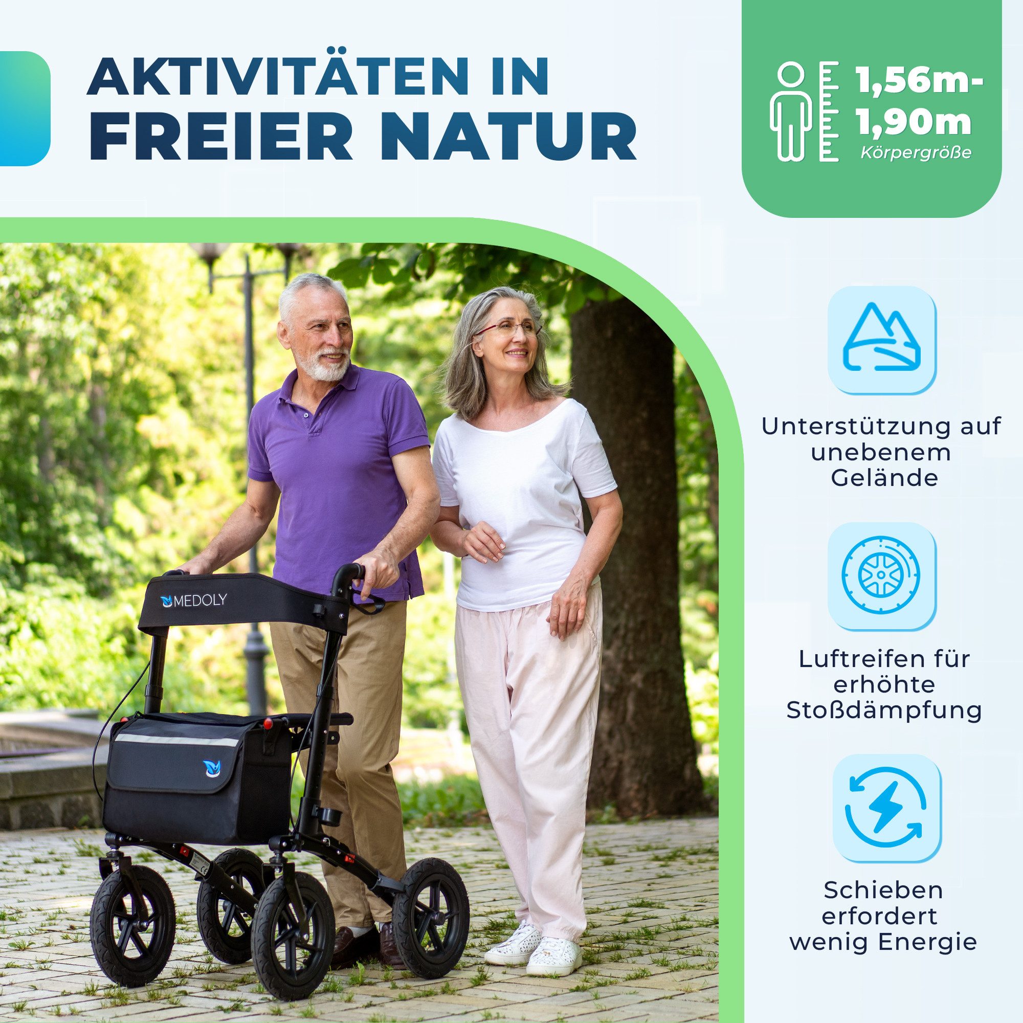 MEDOLY Rollator Outdoor Rollator, mit Luftbereifung & Faltbar -inkl. EInkaufstasche, Stockhalter