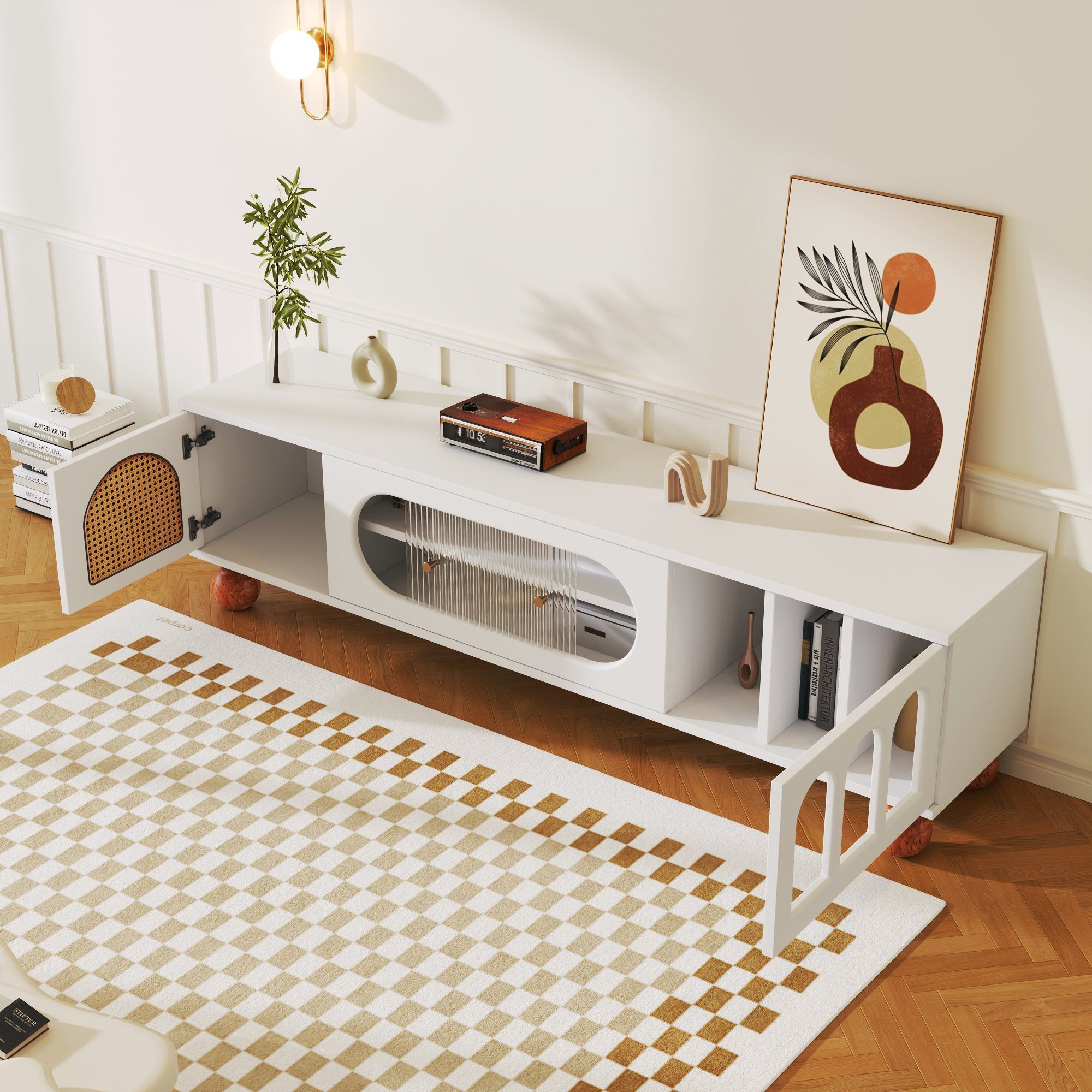 Merax Lowboard mit Rattantür und Glastüren, TV-Schrank mit Stauraum,TV-Board Landhaus,Fernsehtisch,Breite:170cm