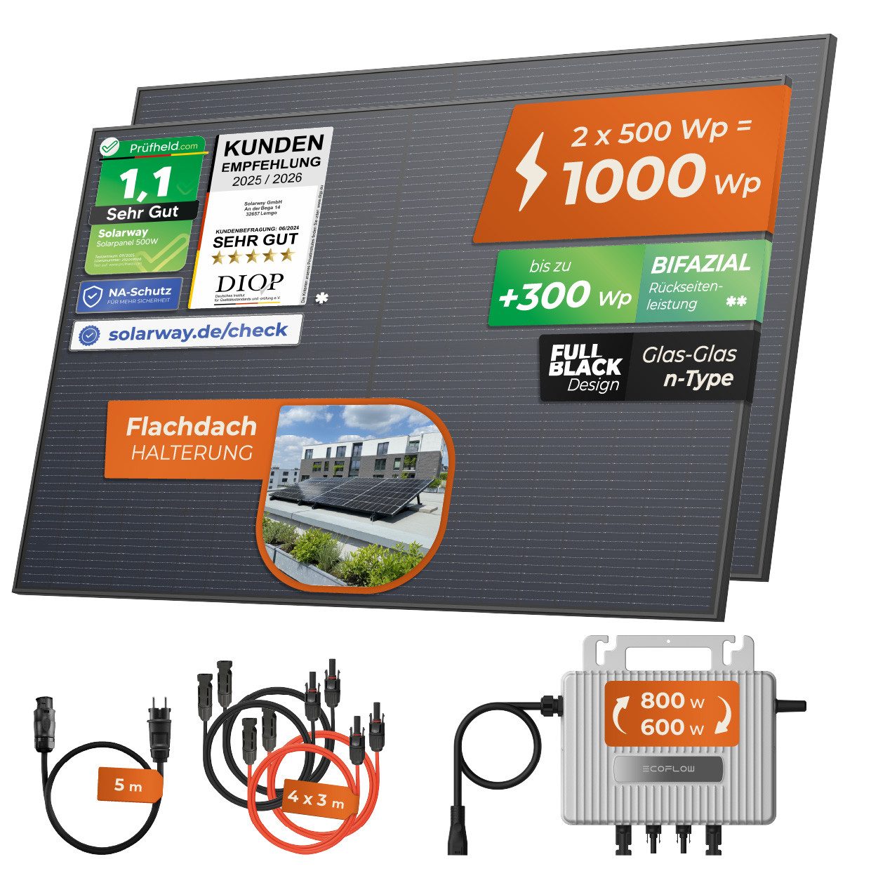 Solarway Balkonkraftwerk 1000Wp / 800W Balkonkraftwerk komplett Steckdose 1000 Watt, 1000 W, Monokristallin, (500W bifaziale Black Solarmodule & EcoFlow & Zubehör), EcoFlow Stream 600 / 800 Watt Wechselrichter - Solaranlage Komplettset