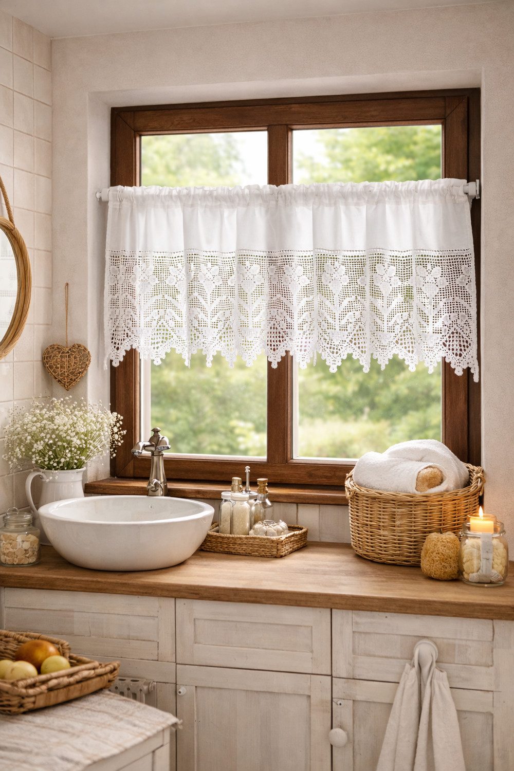 HOSSNER - ART OF HOME DECO Scheibengardine 30x125 cm (1 St), Schlaufen, blickdicht, Baumwolle, Vintage, Romantische Stickerei