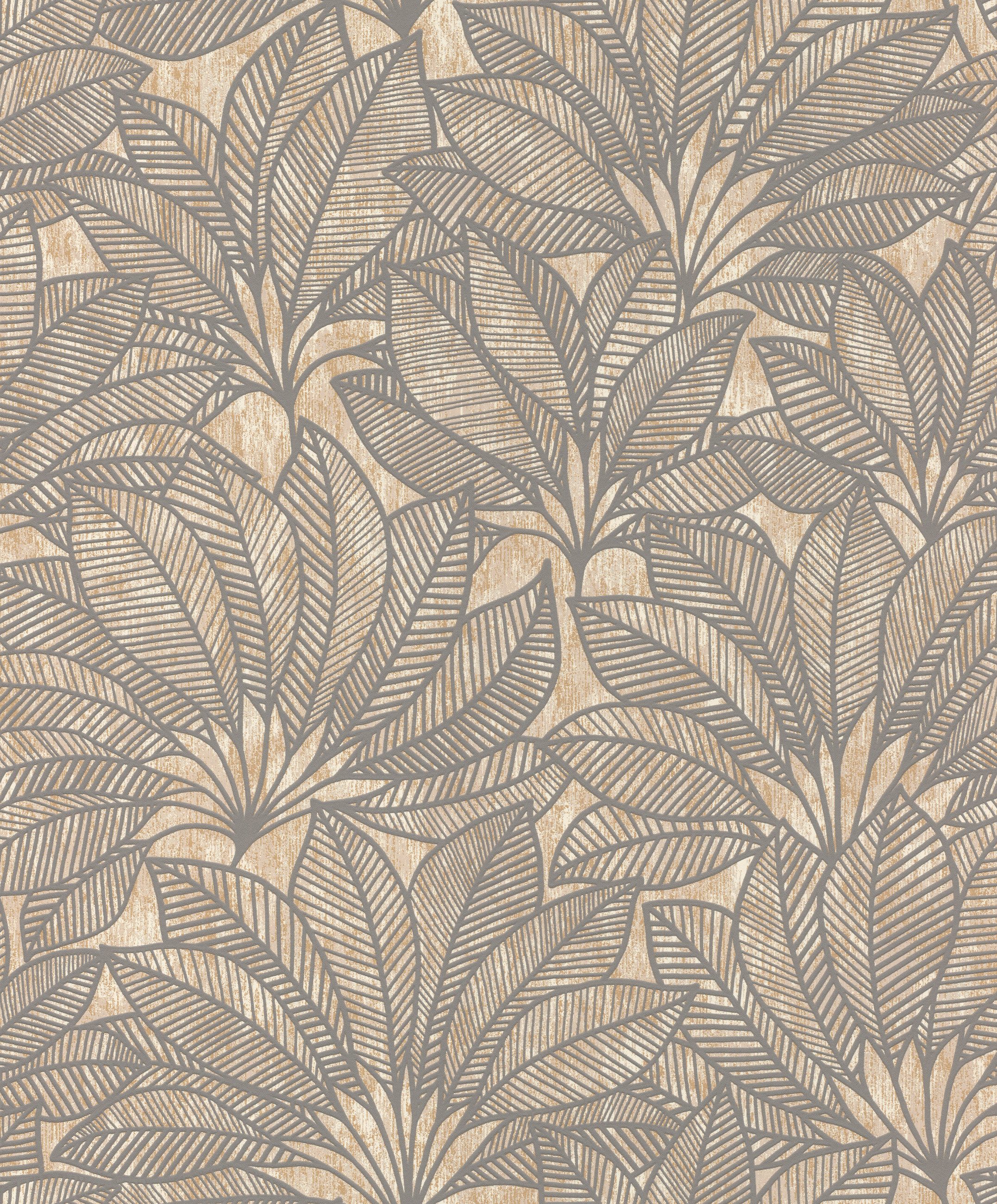 Rasch Vliestapete Blattmuster - Vliestapete Braun, floral, strukturiert, glänzend, grafisch, (1 Rolle, 1 St., Kollektion 'Deco Style' - 10,05 m x 0,53 m), Lichtbeständige Farben - Feucht abwischbar - Restlost abziehbar