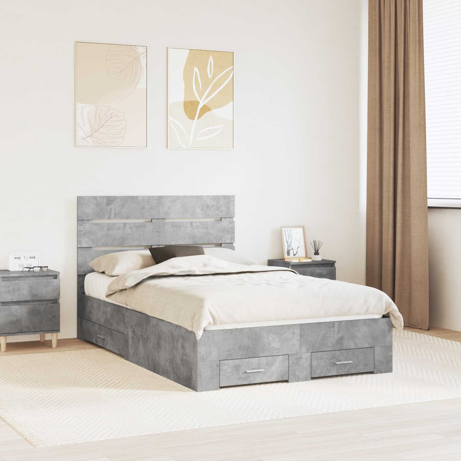 furnicato Stauraumbett Bettrahmen mit Schubladen 135 x 190 cm Beton Grau (1-tlg), Stauraumbett mit integrierten Schubladen für dein Schlafzimmer