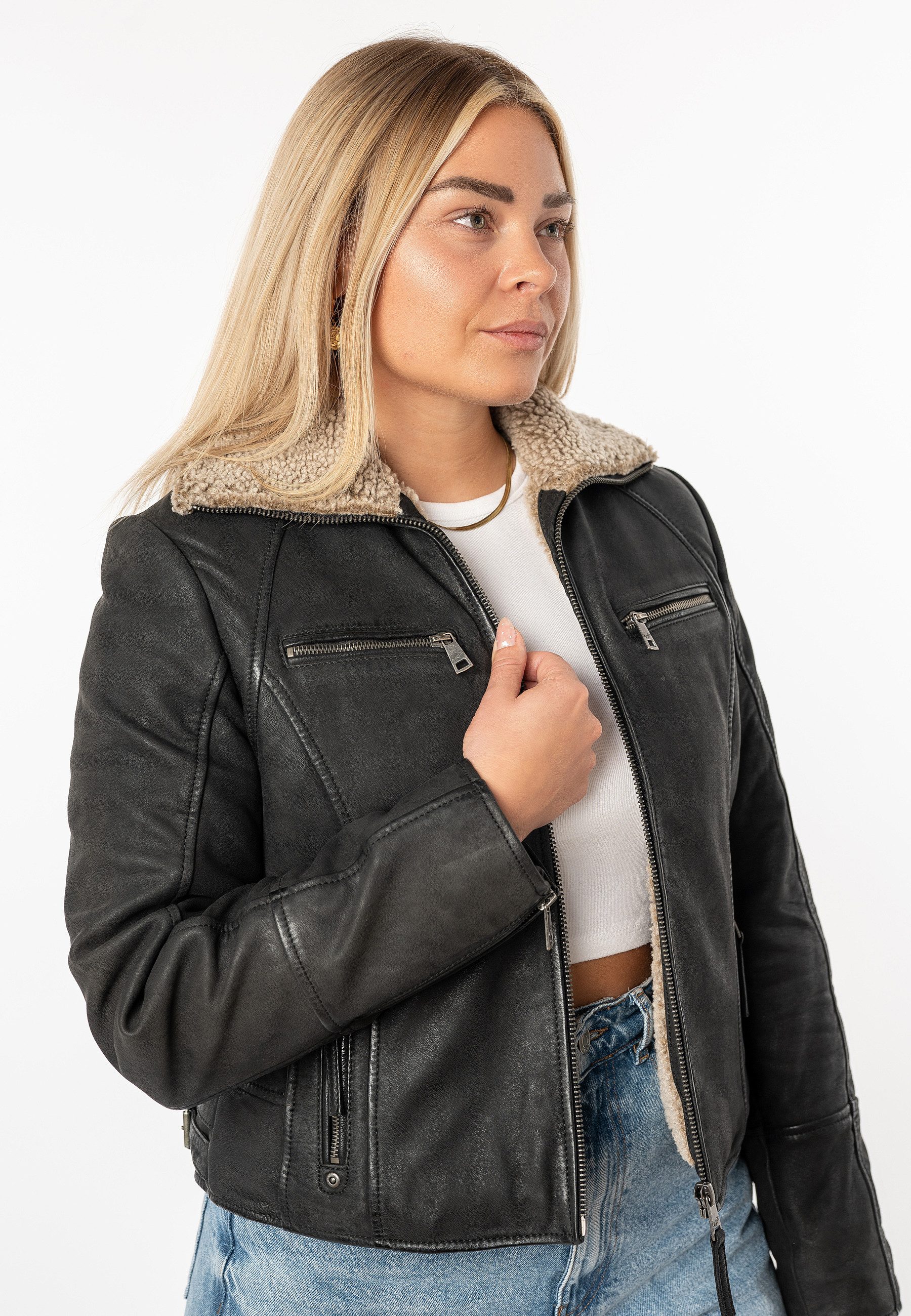 Mauritius Lederjacke MWNaedda mit hochschließendem Kragen mit Teddyplüschbe günstig online kaufen